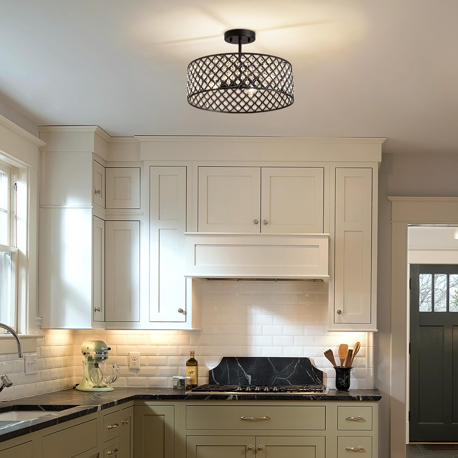 Bzvesr Black Crystal Ceiling Light Fixture Modern Semi Flush Mount Ceiling Lighting Fixture Round Small Chandelier For Dining Room  Hallway  Entryway  Kitchen  Bedroom Foyer 4 Light 15.7 Inch