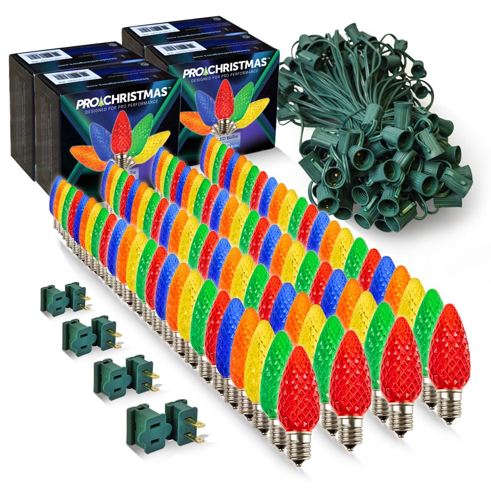 Pro Christmas C9 LED Christmas Light Kit for Rooflines & Pathways - DIY Cut to Length  Outdoor Commercial Grade (Green Wire w/Vampire Plugs  100 Bulbs  100 ft) Multi