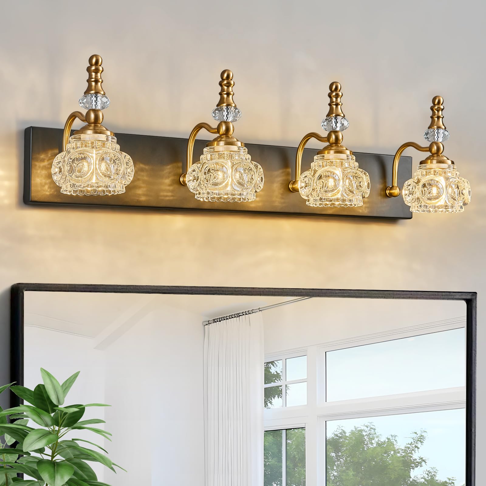 Lbsqj Bathroom Light Fixtures  Modern Glass Crystal Bathroom Vanity Light Vintage Bathroom Lighting Fixtures Over Mirror 4 Light Vanity Lights G9 Bulb (27.55 Inch  Black Gold)