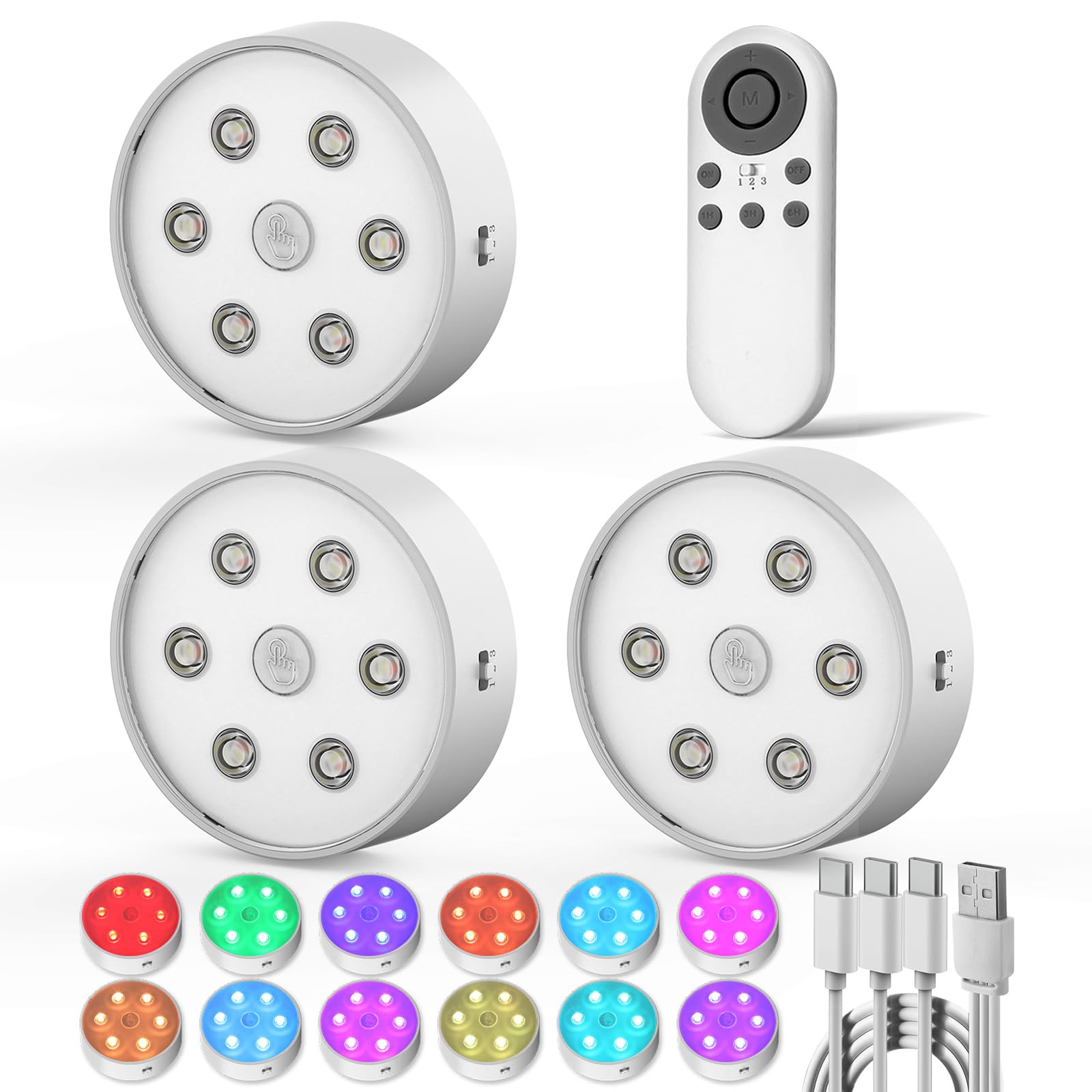 Onumii Rechargeable Under Cabinet Lighting Puck Lights with 2.4G Remote 2600mAh Sync and Groupable Color Changing Magnetic Stick