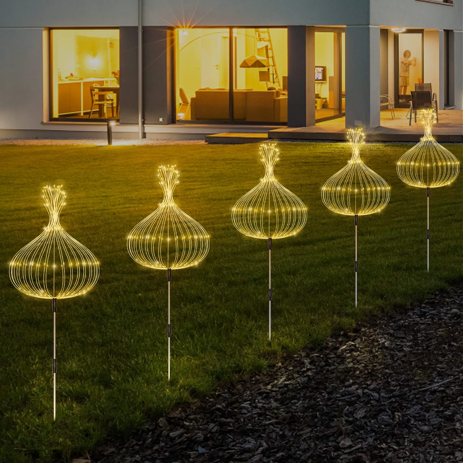 5 Pack Solar Garden Lights, Firework Lights Outdoor Waterproof 120 Led 8 Modes With Remote Control, Decorative Solar Lights Firework Lamps Fairy Decor Stake Pathway Lights For Outside Yard(Warm White)