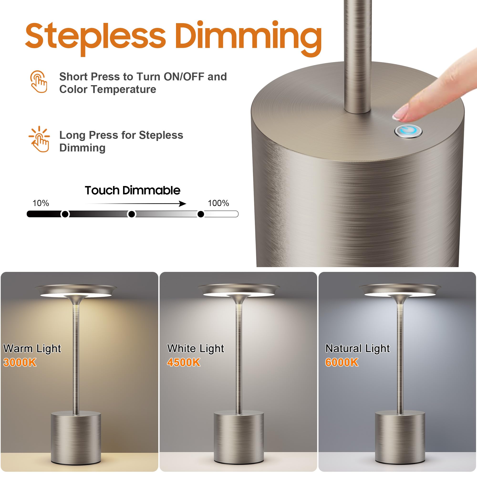 Cordless Table Lamp, Portable Rechargeable 6000Mah Outdoor Table Lamp, 3 Color Stepless Dimming Battery Powered Lamp, Led Table