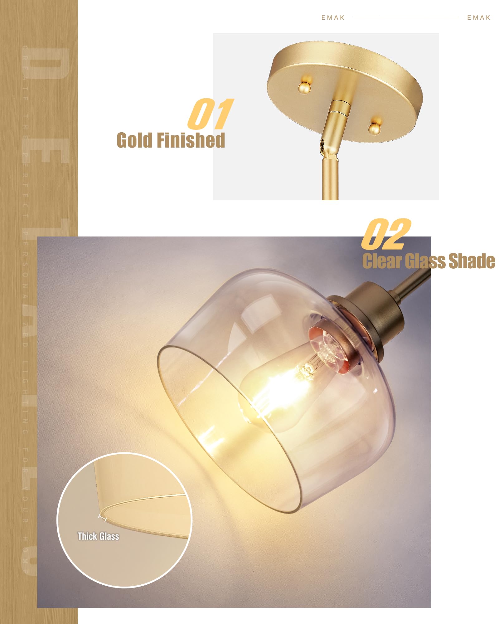 Emak 8 Inch Clear Glass Pendant Lights Kitchen Island, Modern Gold Pendant Light Fixtures For Kitchen, Bathroom, Bedroom, Dining