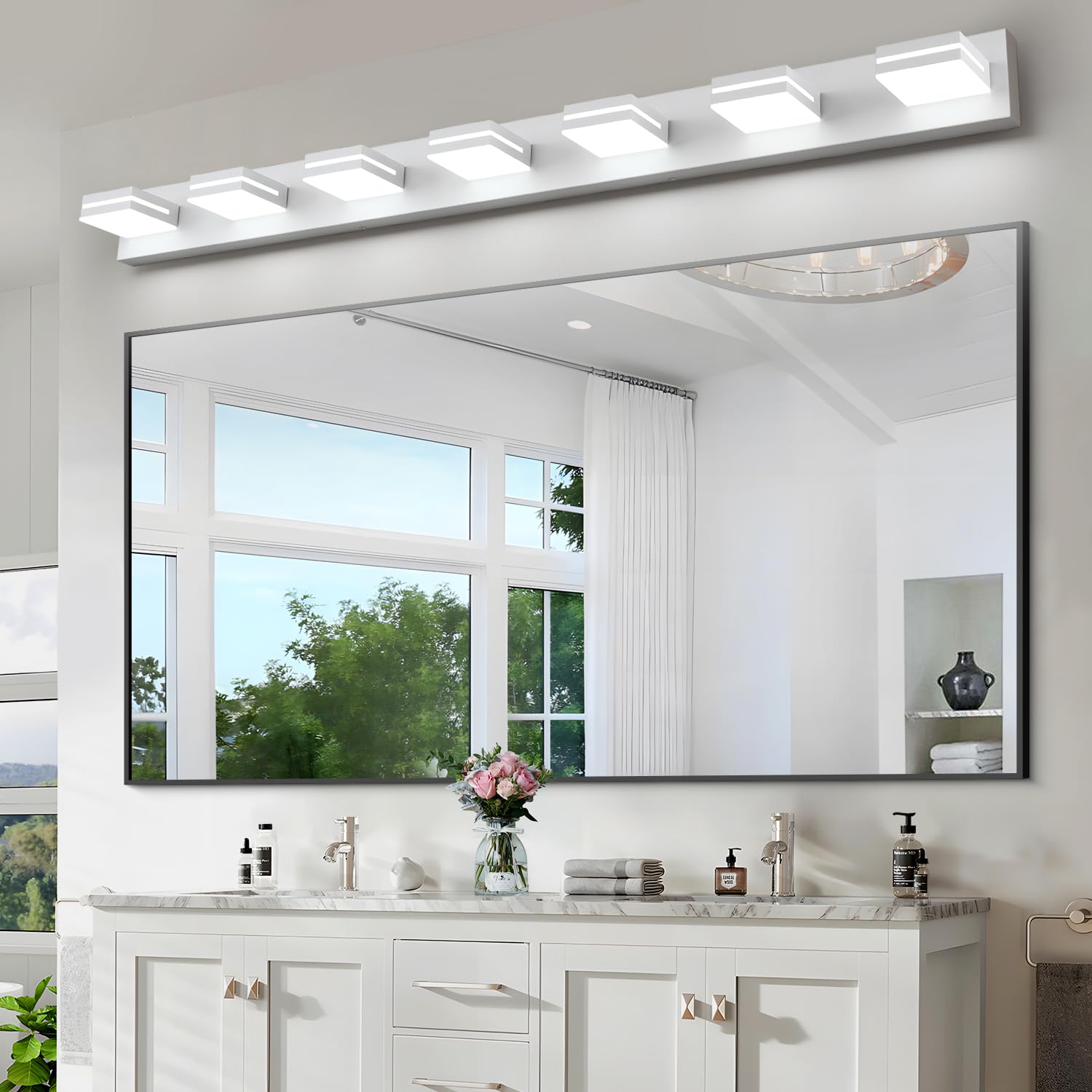 Sinerise Led Modern Bathroom Vanity Light Fixtures (7-Light, 55-Inch, Dimmable), Matte White Modern Acrylic Bathroom Wall Lighti