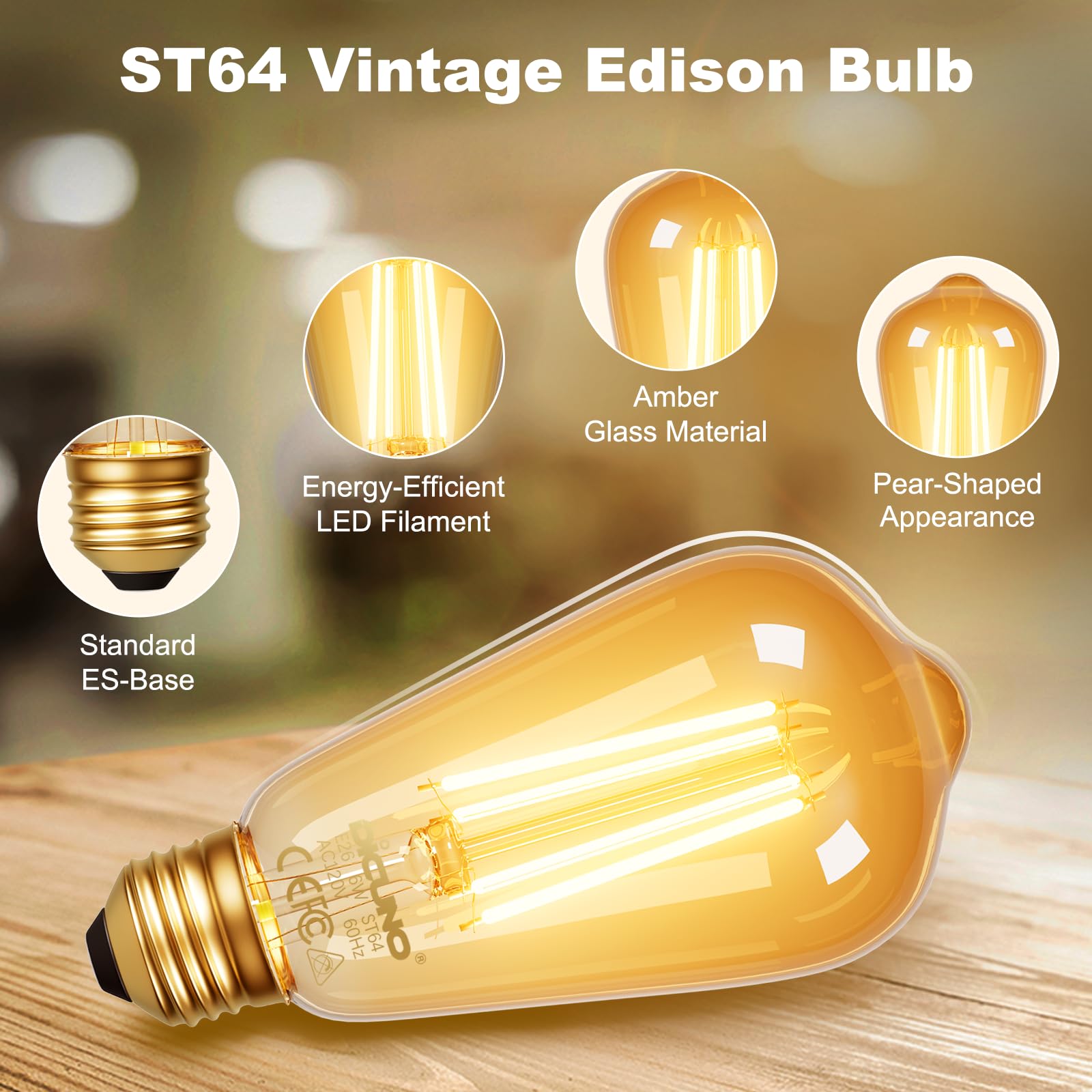 DiCUNO E26 Edison Bulbs 6W LED ST64 Amber Glass 2200K Warm 600LM Pack of 10