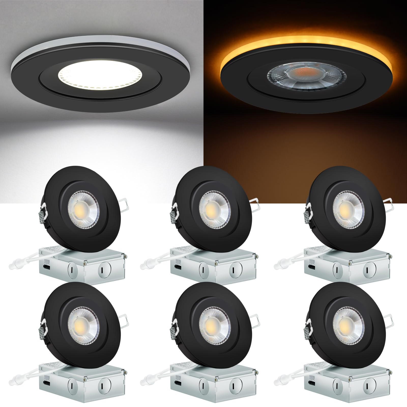 KnLnny Ware 4 Inch Black Recessed Lights, 6 Pack, Dimmable, 9W 750LM, Gimbal with Night Light, Aluminum, Model Light2025001