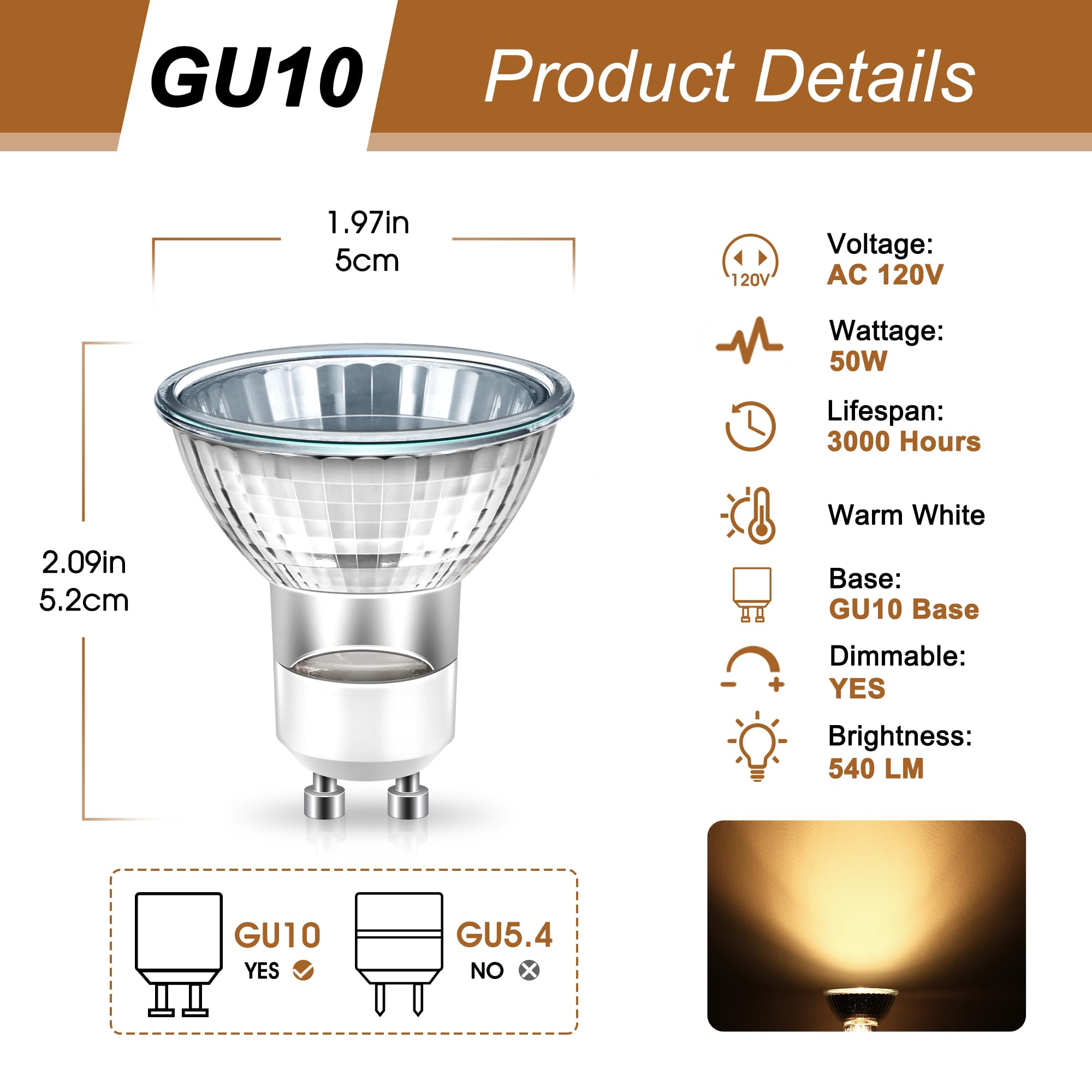 Gu10 Halogen 50W Bulbs, 120V Halogen Light Bulb, Gu10 Base Replacement For Candle Warmer Lamp Bulb, Warm White Gu10+C Dimmable G