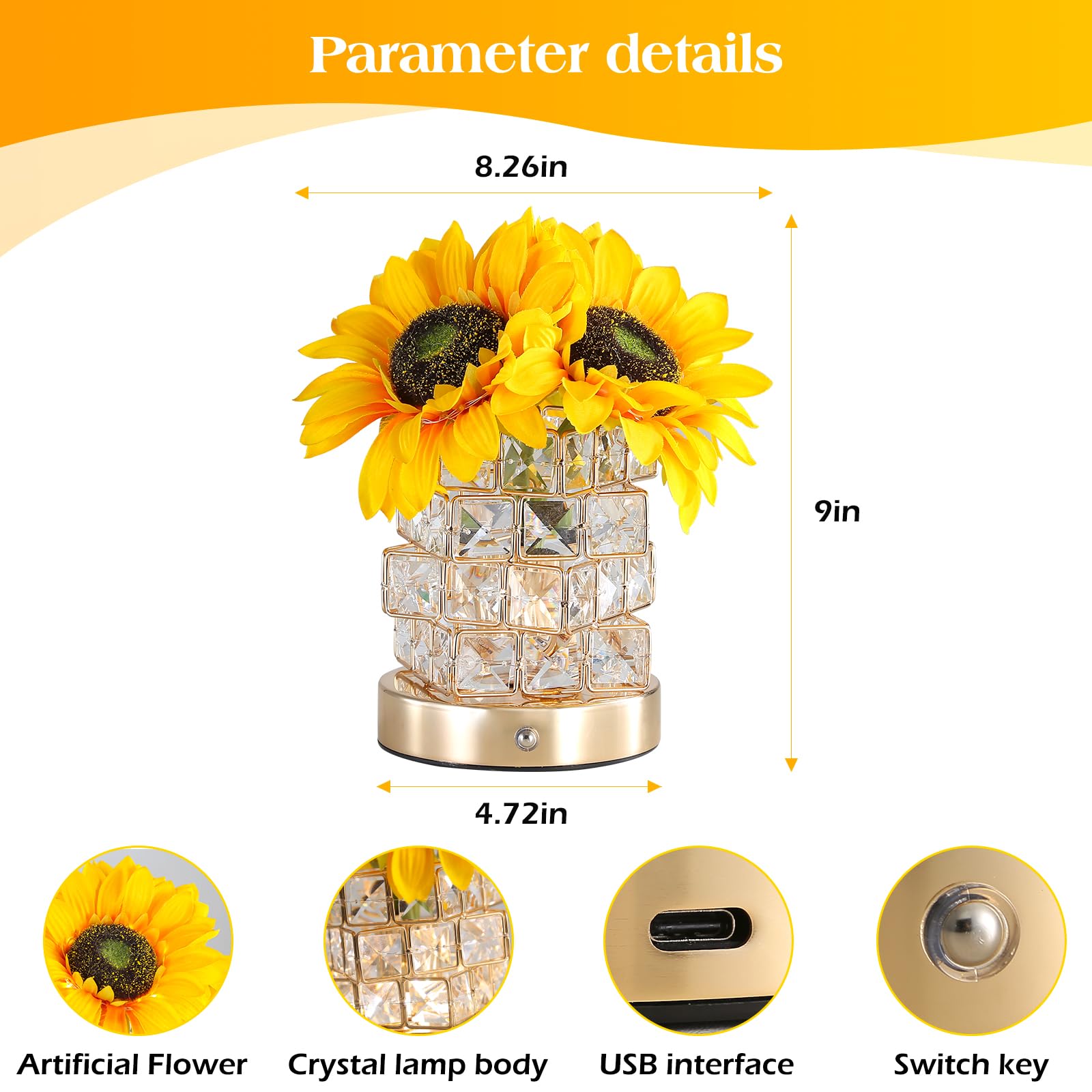 Sunflowers Flower Lamp,Rechargeable Cordless Touch Table Lamp,3-Colour Infinitely Dimming Battery Powered Small Night Light,Fest