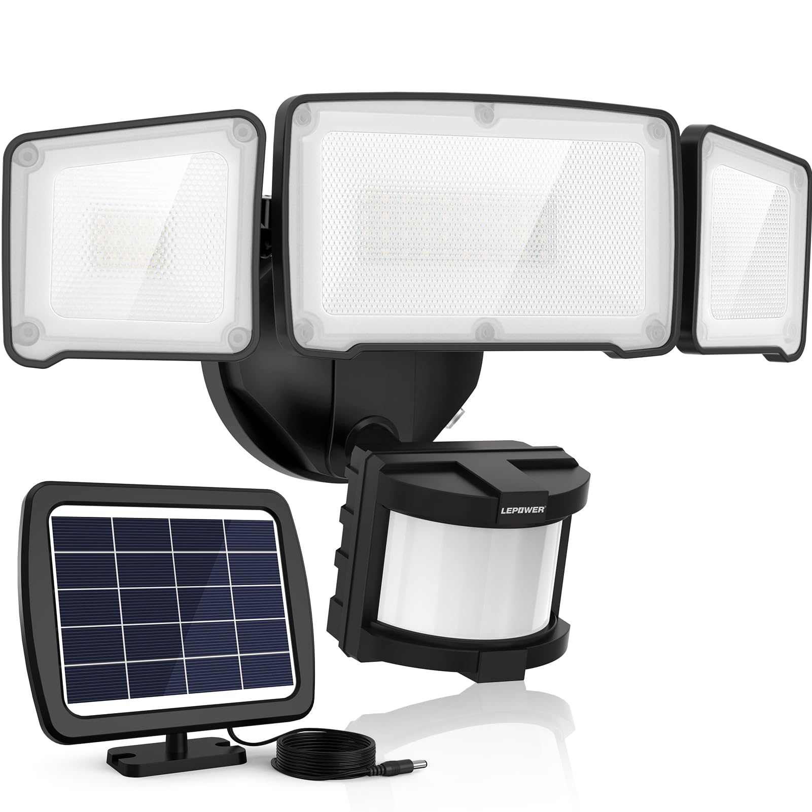 LEPOWER 1600LM LED Solar Motion Sensor Light, IP65 Waterproof, 3 Adjustable Heads, Black, Model YY02C-BL
