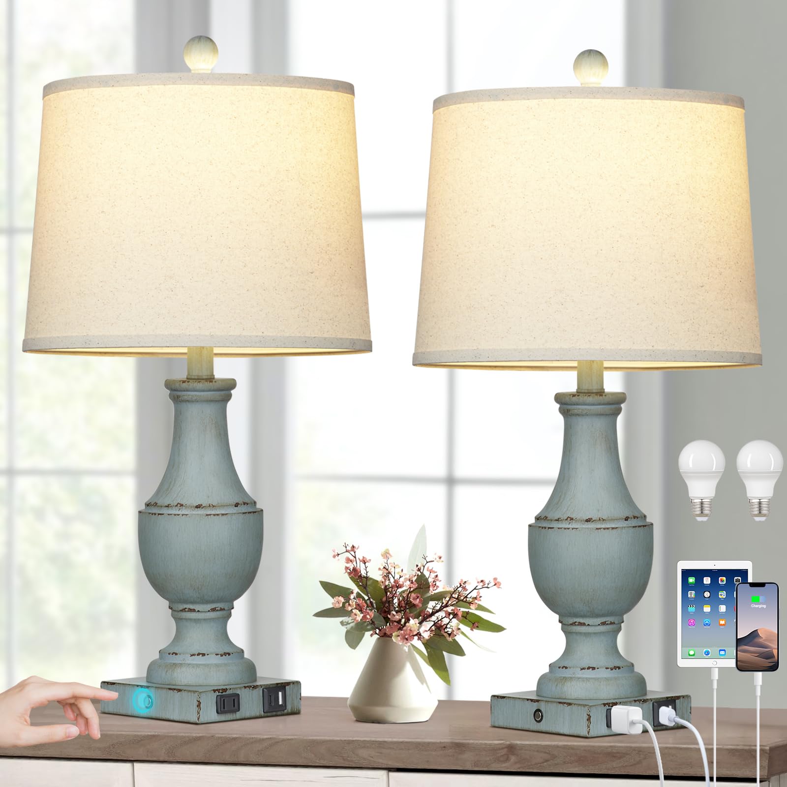 Farmhouse Table Lamps Set of 2, Rustic Touch Control Bedside Lamps with 2 USB Ports & AC Outlet, Vintage 3-Way Dimmable Nightsta