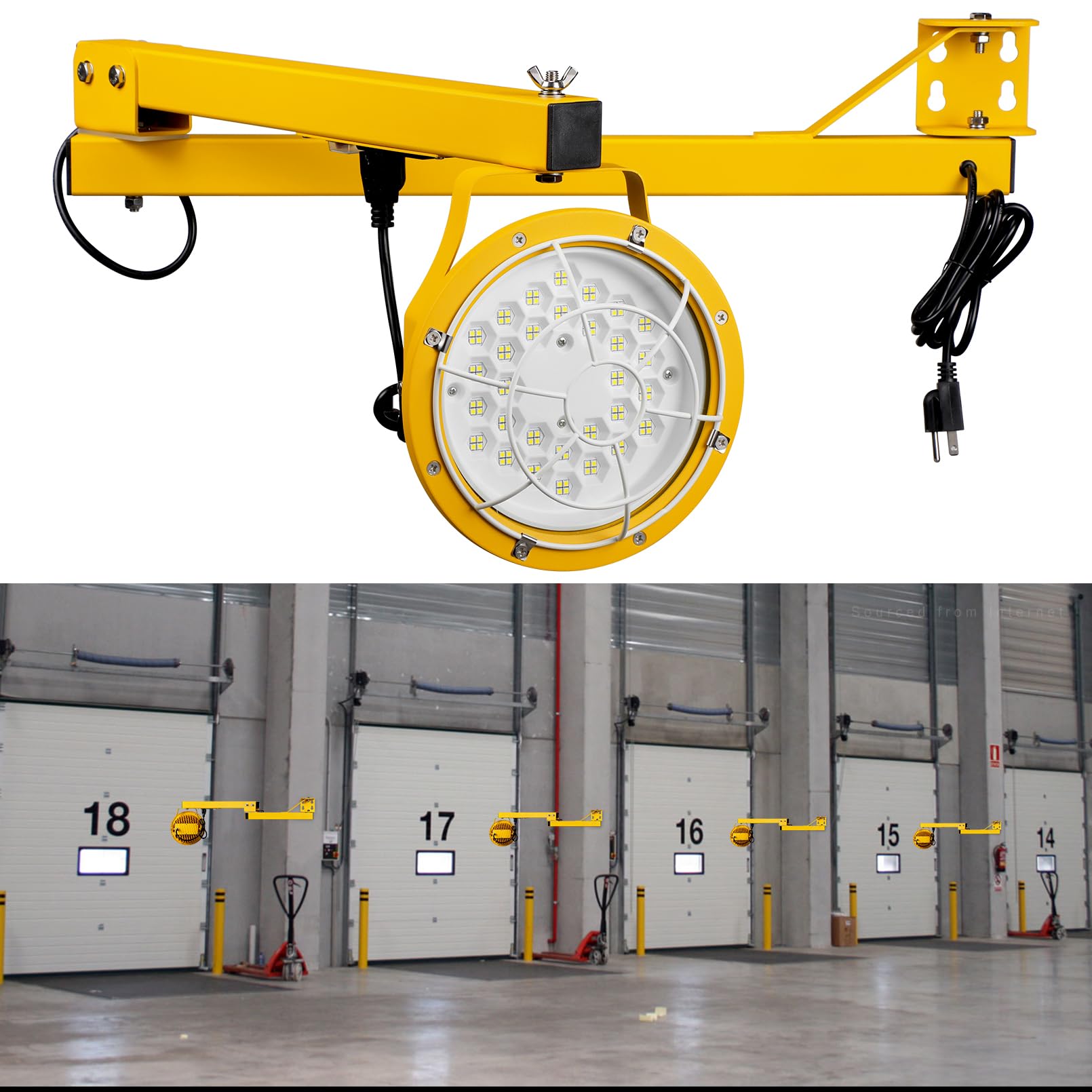 LEONLITE 50W LED Dock Lights, 45 Inch Double Swing Arm, 360° Rotatable, Metal, Yellow, Model SY9DKL-50W57YLO, IP
