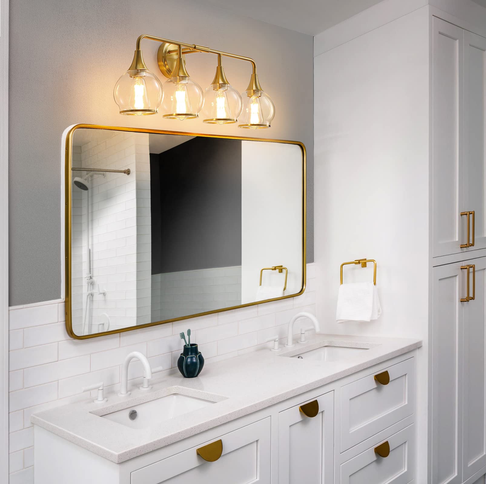 Hahzt Gold Bathroom Vanity Light 4-Light Bathroom Vanity Light Fixtures Over Mirror With Clear Glass Shade 30.7 Inch Wall Sconce