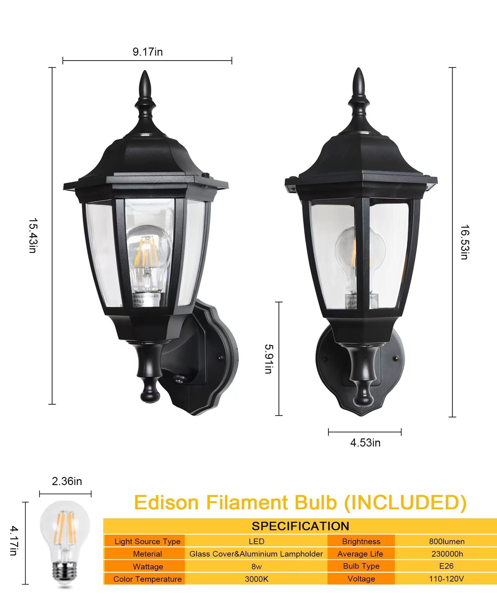 FUDESY Outdoor Wall Light, Dusk to Dawn Sensor, Black Plastic, LED Edison Bulb, 1-Pack, Model FDS2542PS-B
