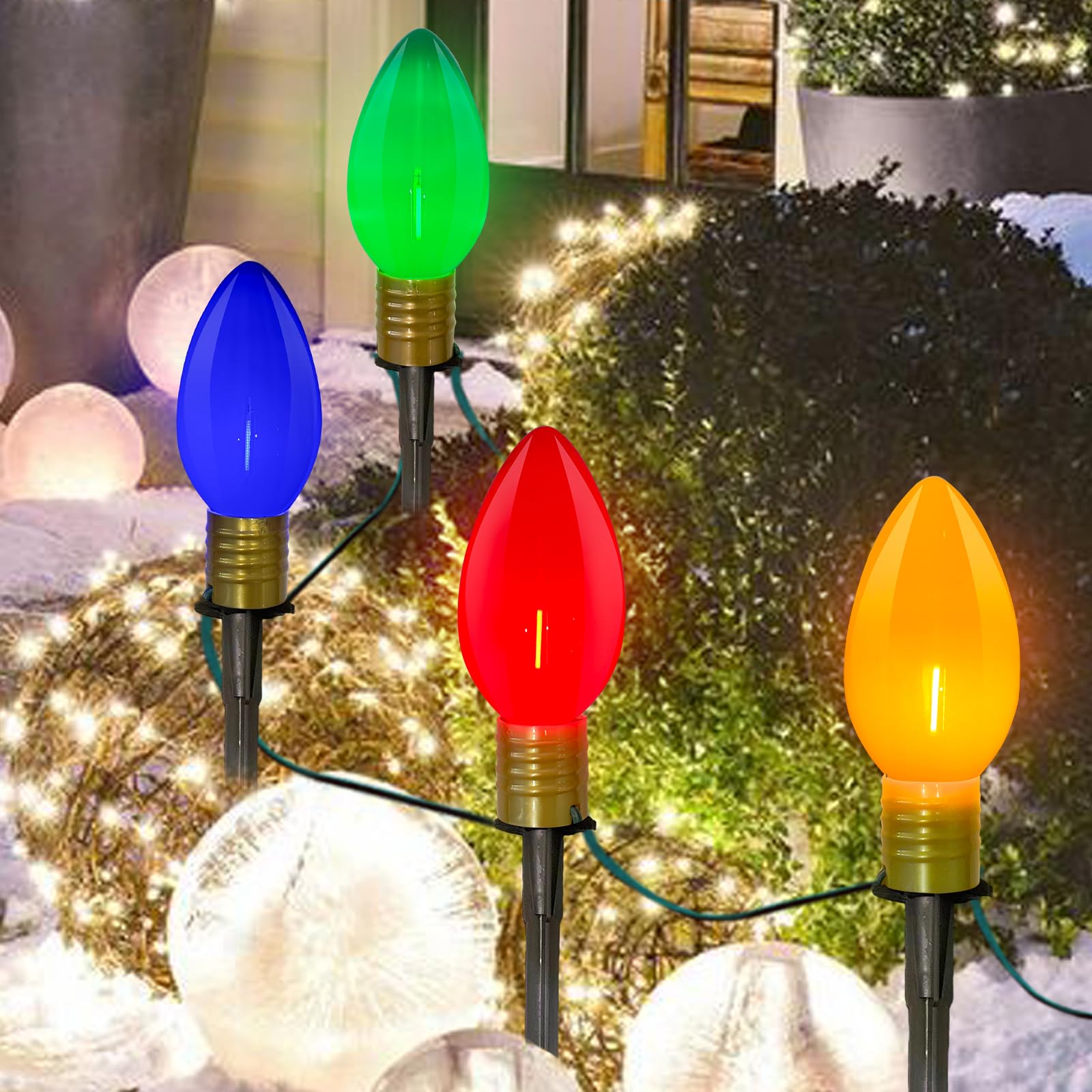 SUNSGNE C9 Christmas Pathway Lights, 7Ft Outdoor Stake with 4 Jumbo Multicolor LED Bulbs, Connectable Marker for Xmas Walkway Dr