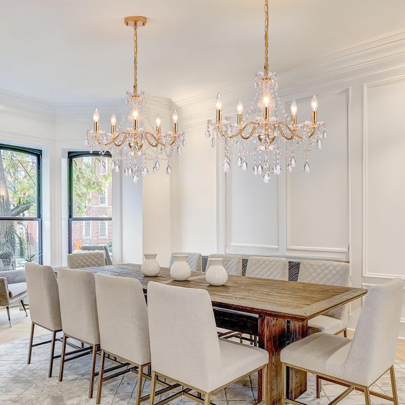 Amzasa Crystal Gold Chandelier  Glass Crystal Hanging Pendant Lighting  5 Light French Country Gold Crystals Chandelier For Ceiling Medallions Wedding Dining Kitchen  Foyer Dia 20   Golden