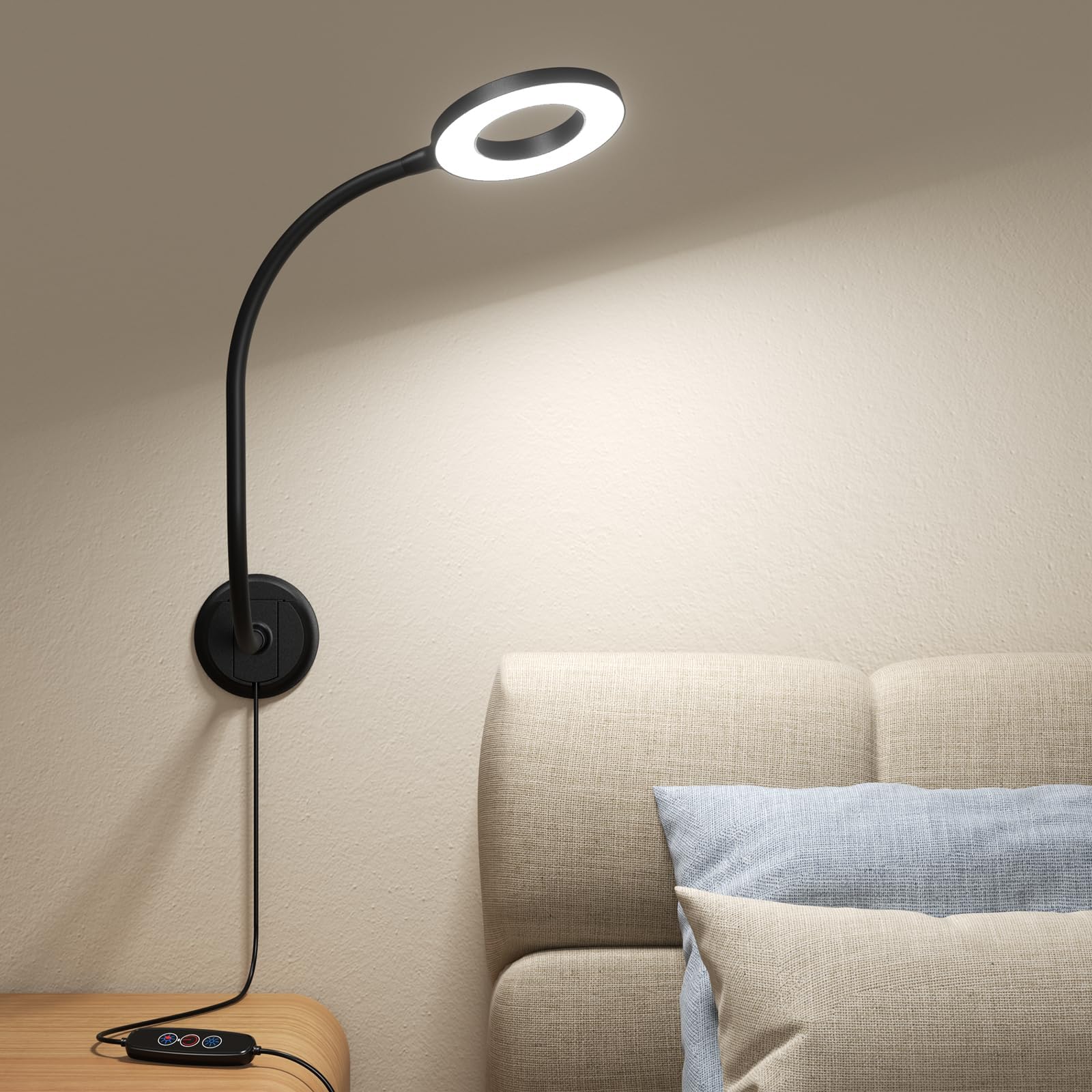 Kaulsoue Wall Mounted Lamp, Reading Light For Book In Bed At Night, Shadowless Led Lamp For Workbench Bedroom Bedside Headboard, Eye Care 5 Color & Brightness Adjustable, 360 Flexible Gooseneck, Black