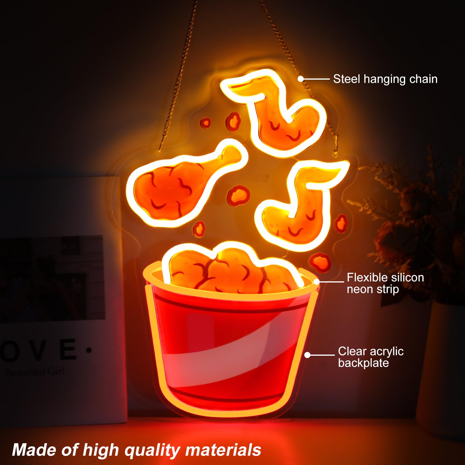 mllusxg Fried Chicken Neon Sign LED Light USB Powered Dimmable Small Retro Decor