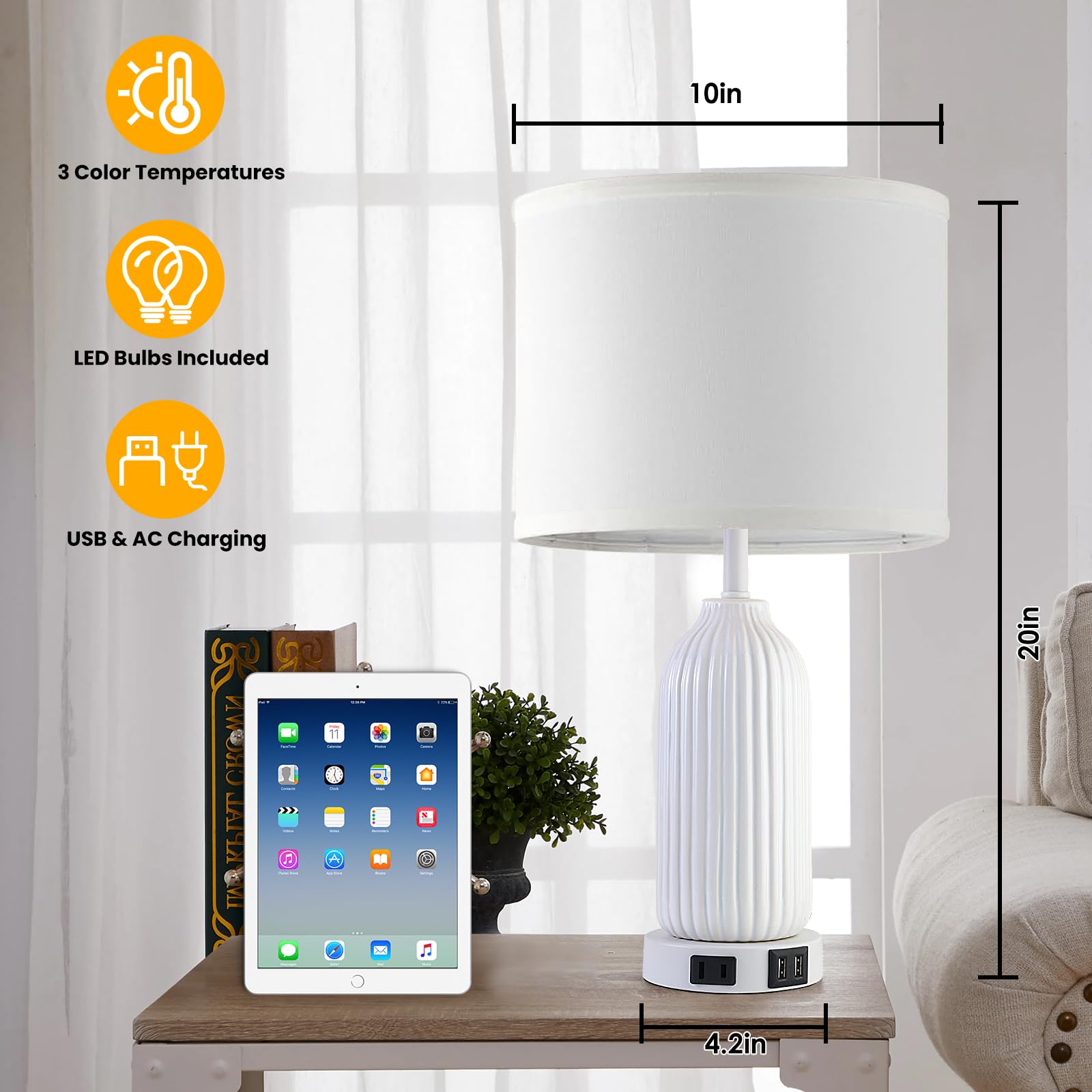 20 Ceramic Table Lamps 3 Color Temperatures Bedside Lamps Set Of 2 With Usb Ports & Ac Outlet, Modern White Lamps For Bedroom Ni