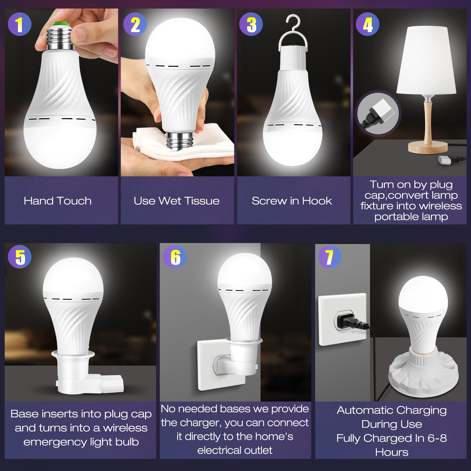 LHZHENG Emergency Rechargeable Light Bulbs, 12W 60W Equivalent, Plastic, White, Model LHZSHLQ-4P, 6 Pack