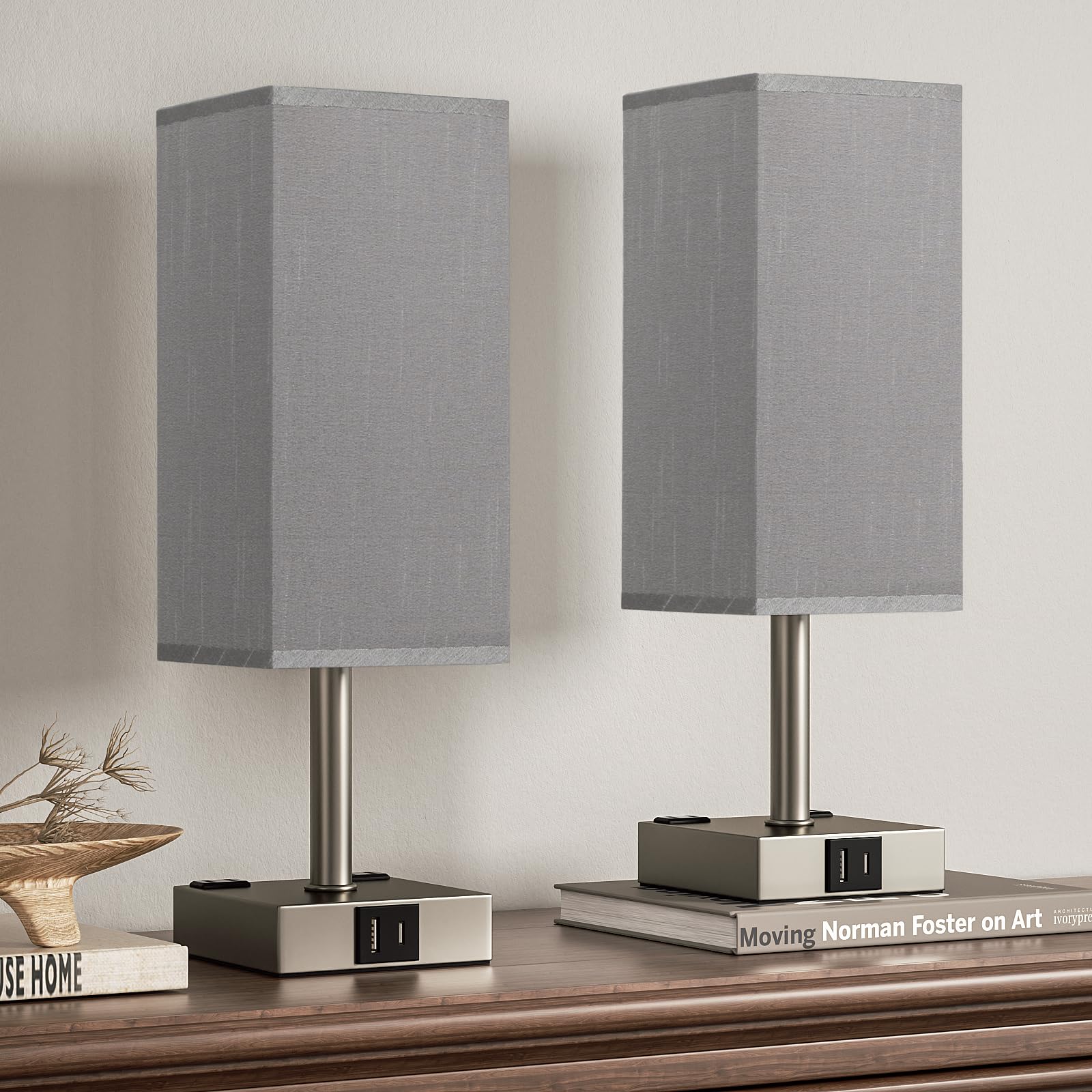 Aooshine Dark Grey Touch Lamps Set Of 2 - Nightstand Lamp With Usb-C + A Charge Ports & Ac Outlets, 3-Way Dimmable Bedside Lamp,