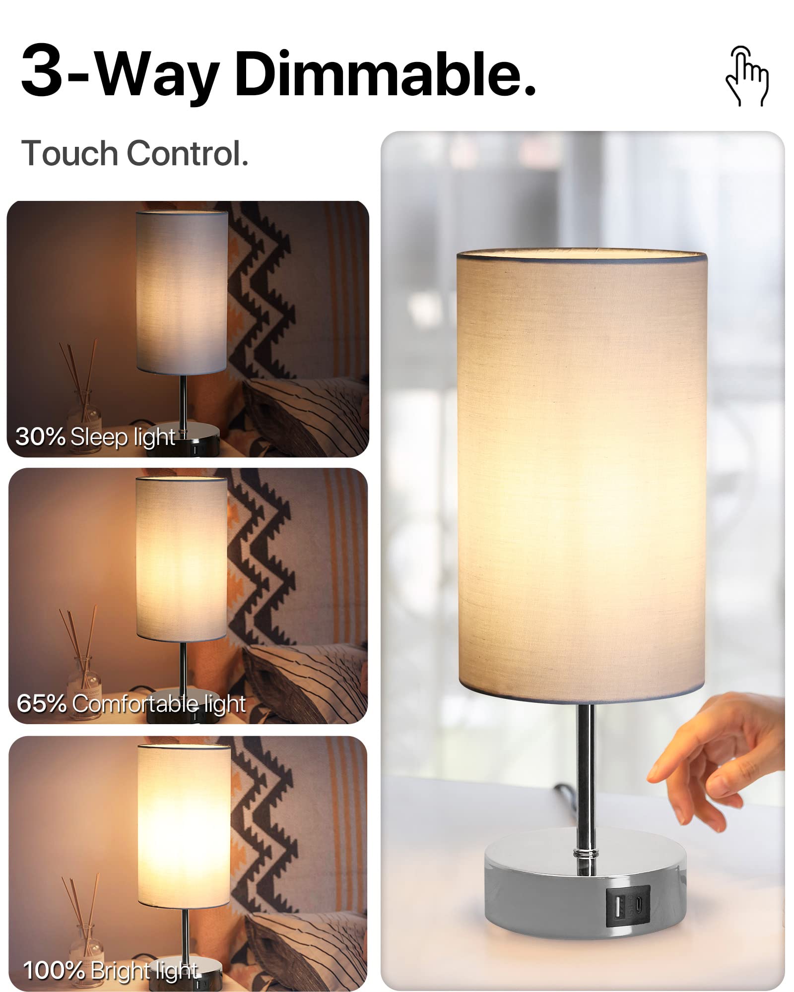 KPQ Bedside Lamp Touch Control with USB Ports & AC Outlet, 3-Way Dimmable, Linen Shade, Bright Silver Base/Blue Shade, Model T432