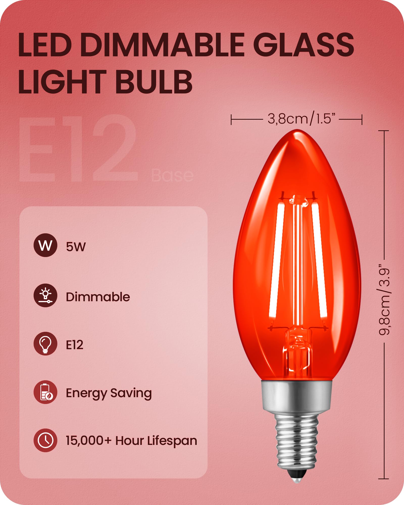 Goebleson Red E12 Led Light Bulbs  C35 5W (60W Equivalent) Glass Dimmable Chandelier Bulbs  Decorative Lighting For Christmas  Halloween  Party  Holiday Decoration  6 Pack R2C3P605