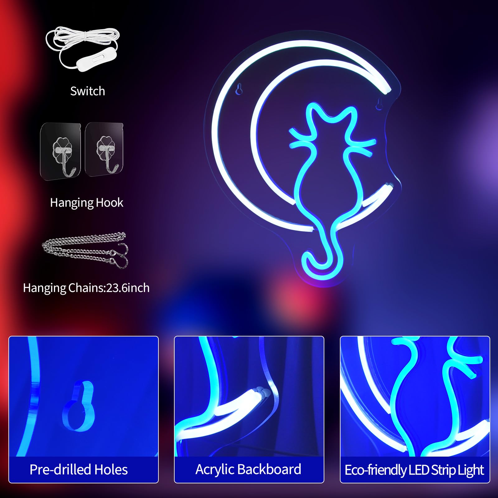 JEDAEMEN LED Neon Sign for Wall Decor - Moon Cat Design, USB Powered, Acrylic, 13.8 x 10.8 inches, White Blue