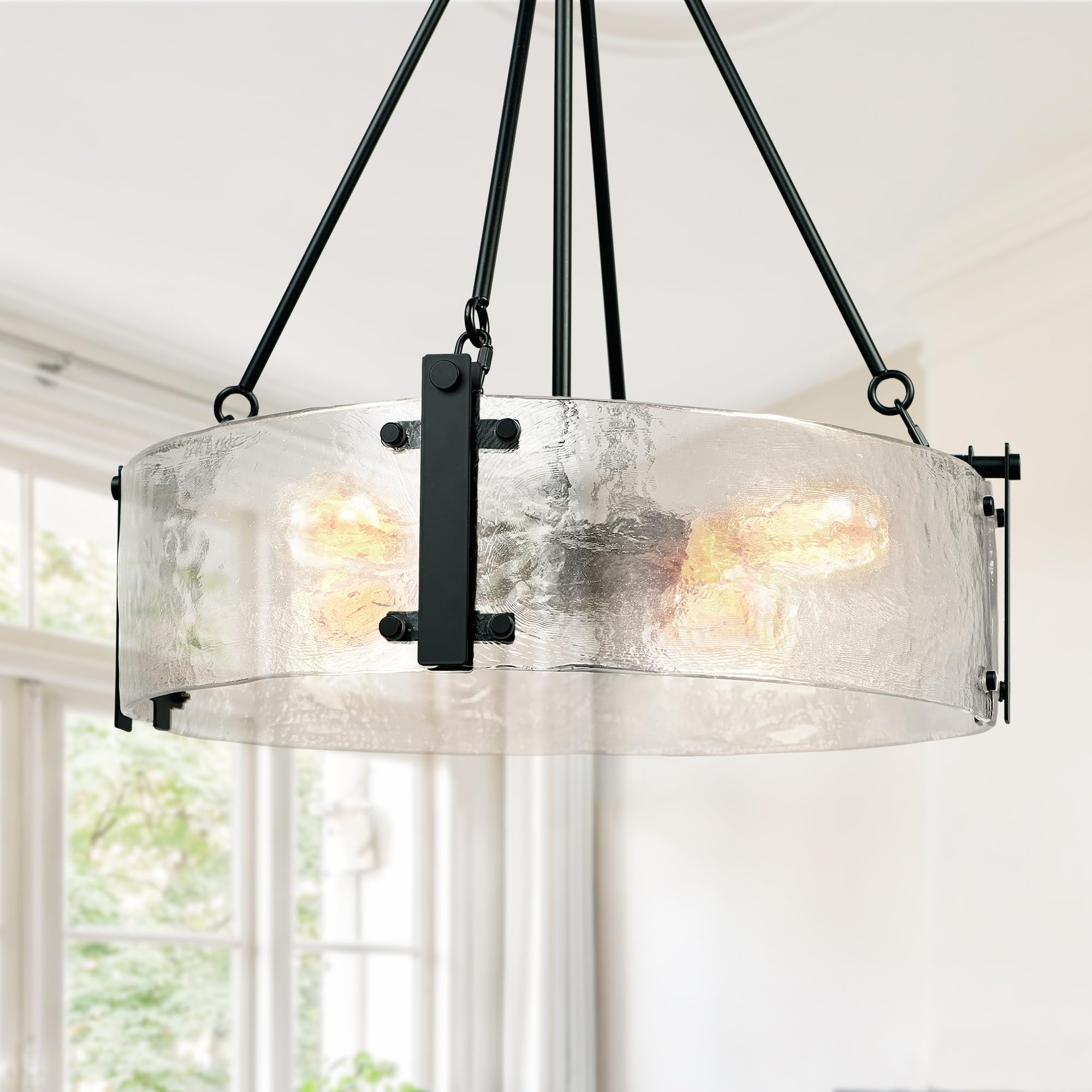 IKK Black Modern Textured Glass Chandelier for Dining Room, 21 Glass Drum Chandelier Light Fixture, Crystal Round Hanging Light 