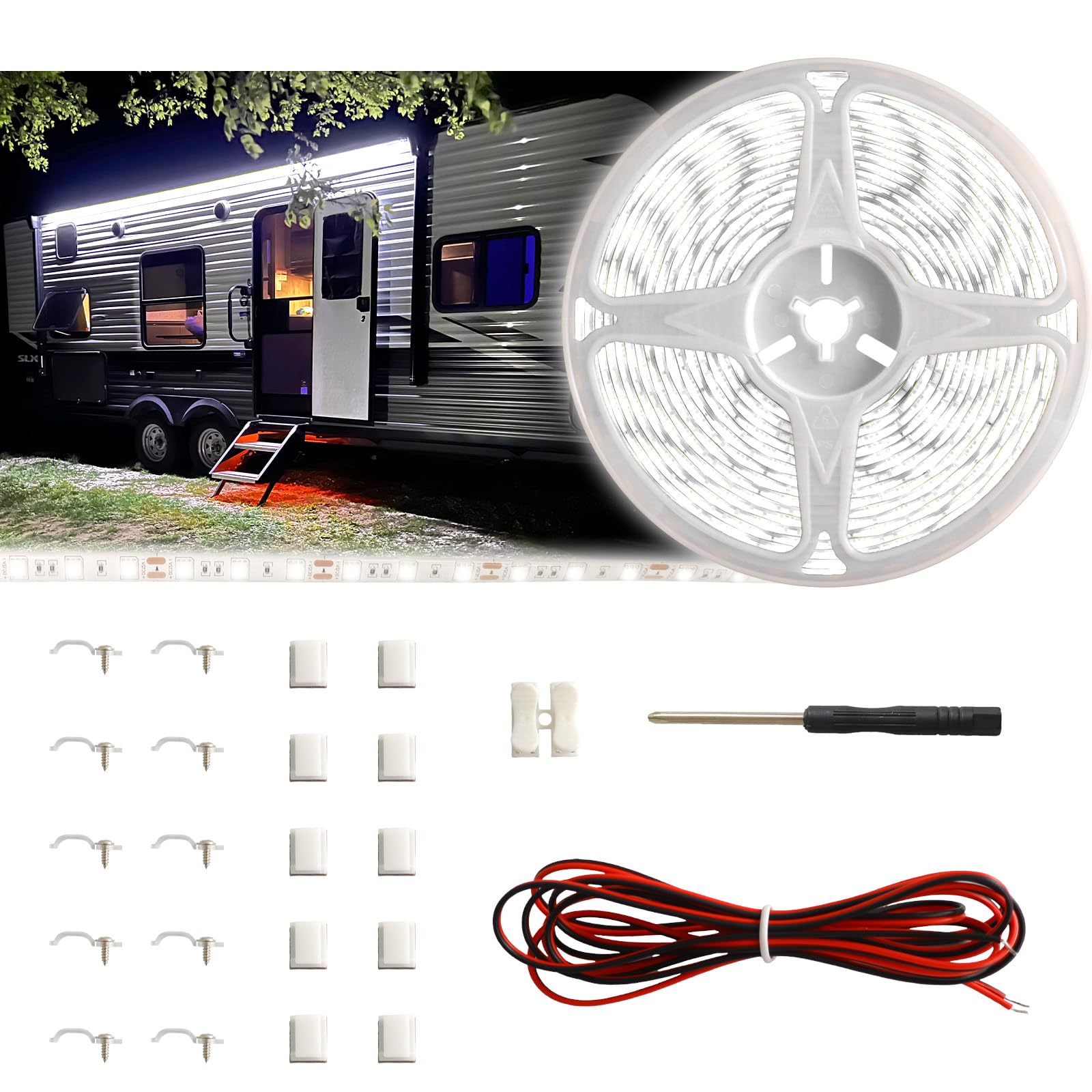 Yiswhis Rv Awning Light 12V 20Ft Camper Awning Lighting Waterproof Led Strip Exterior Underglow Lighting For Rv Motorhome Travel Trailer Food Truck Outdoor Party (White  20Ft)