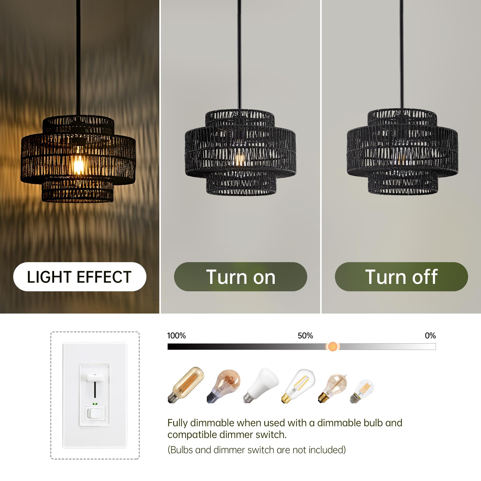 Intermaka 12.4    Black Boho Rattan Chandelier Light Fixture, 1-Light Hand Woven Pendant Light Fixture Farmhouse Rustic Hanging