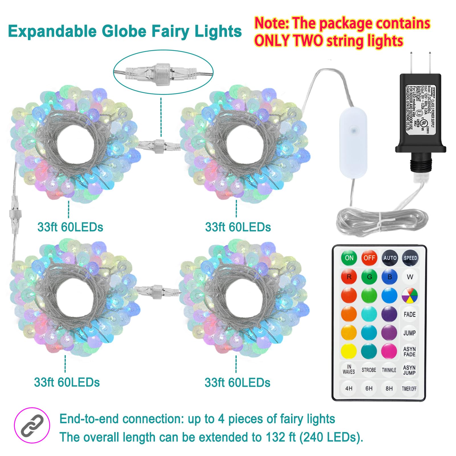 Omika Globe Outdoor String Lights Plug In, Connectable 66Ft 120Led Crystal Ball Lights Waterproof Remote, 24 Colors Decorative Lights For Patio Umbrella Tent Garden Eaves Party Indoor Christmas Décor
