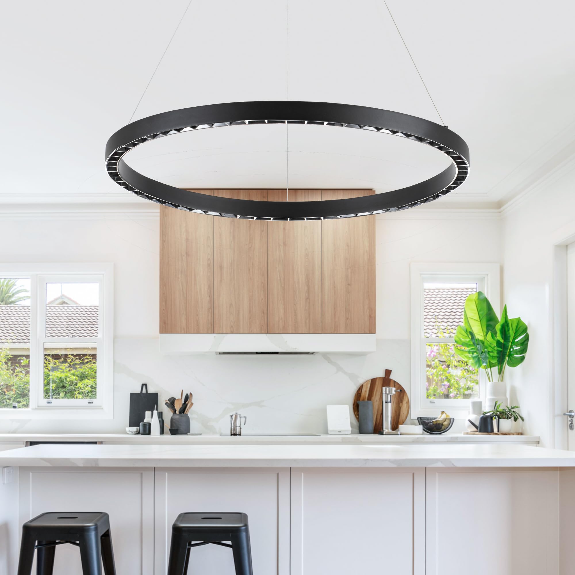 Sunmoo Black Modern Led Chandelier 1-Ring Circular Pendant Light 6000K 36W Dimmable Hanging Light Fixtures For Dining Room Kitch