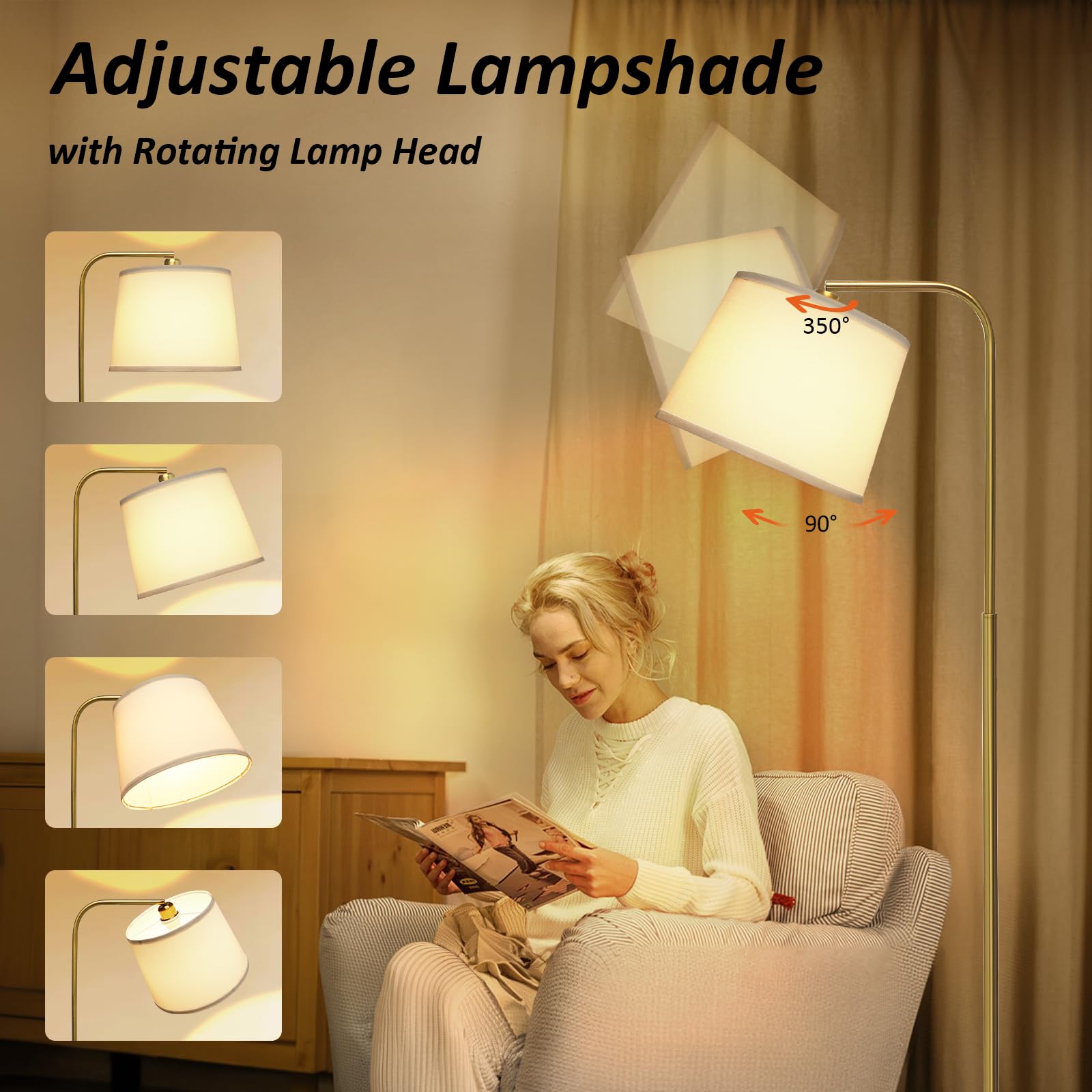 AKASUKI Floor Lamp with 3 Color Temperatures, 9W LED Bulb, Gold Base, White Shade, Model LT-1125