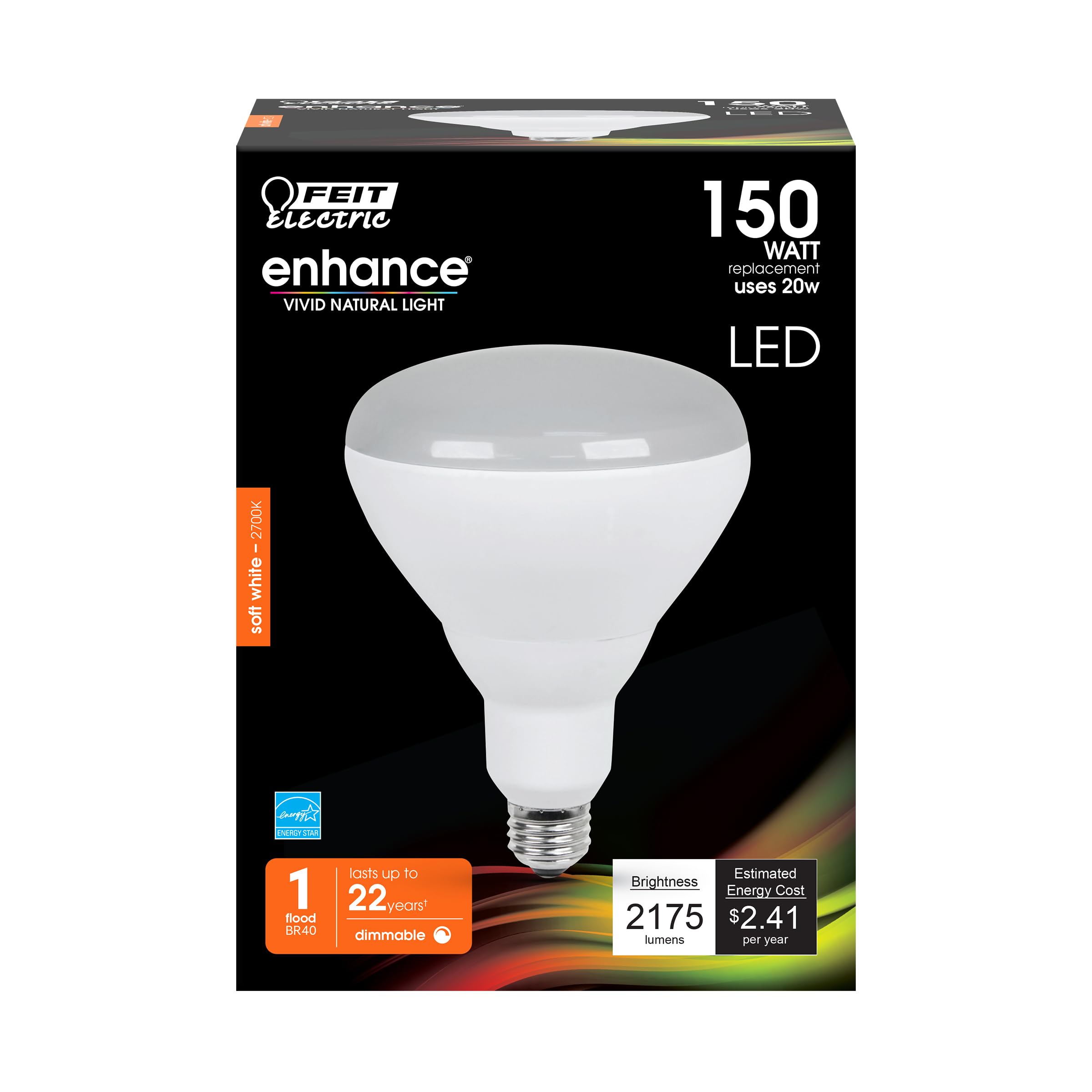 Feit Electric BR40 LED Light Bulb, 150W Equivalent, Dimmable, E26 Base, CRI 90, 2175 Lumens, 2700K Soft White,