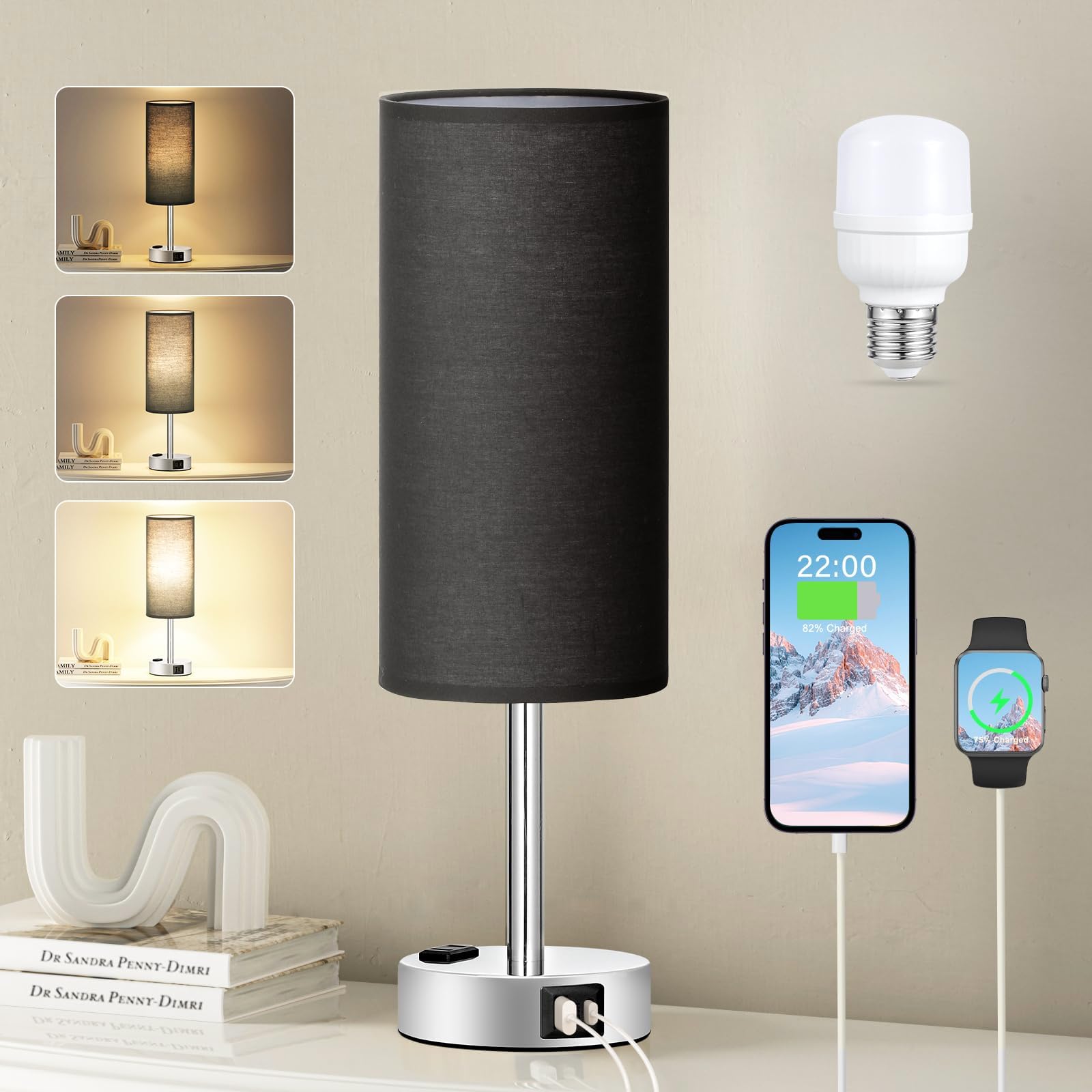 Black Bedroom Table Lamp for Bedside - 3 Way Dimmable Touch Lamp USB C A Charging Ports and AC Outlet, Small Desk Lamp for Night
