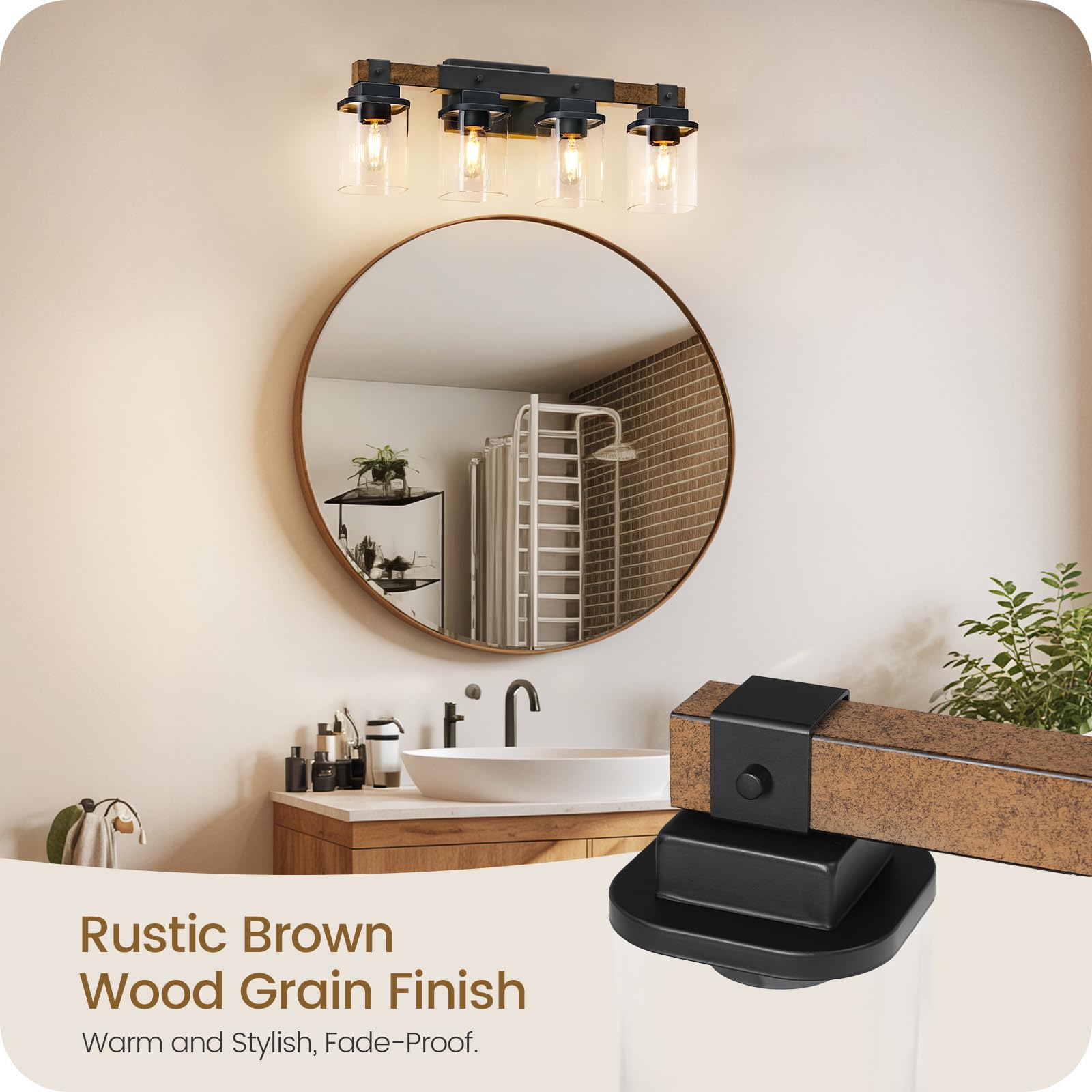 GOEBLESON 4-Light Bathroom Light Fixtures, Rustic Brown & Black Metal Vanity Lights, ETL Listed FS09BD05
