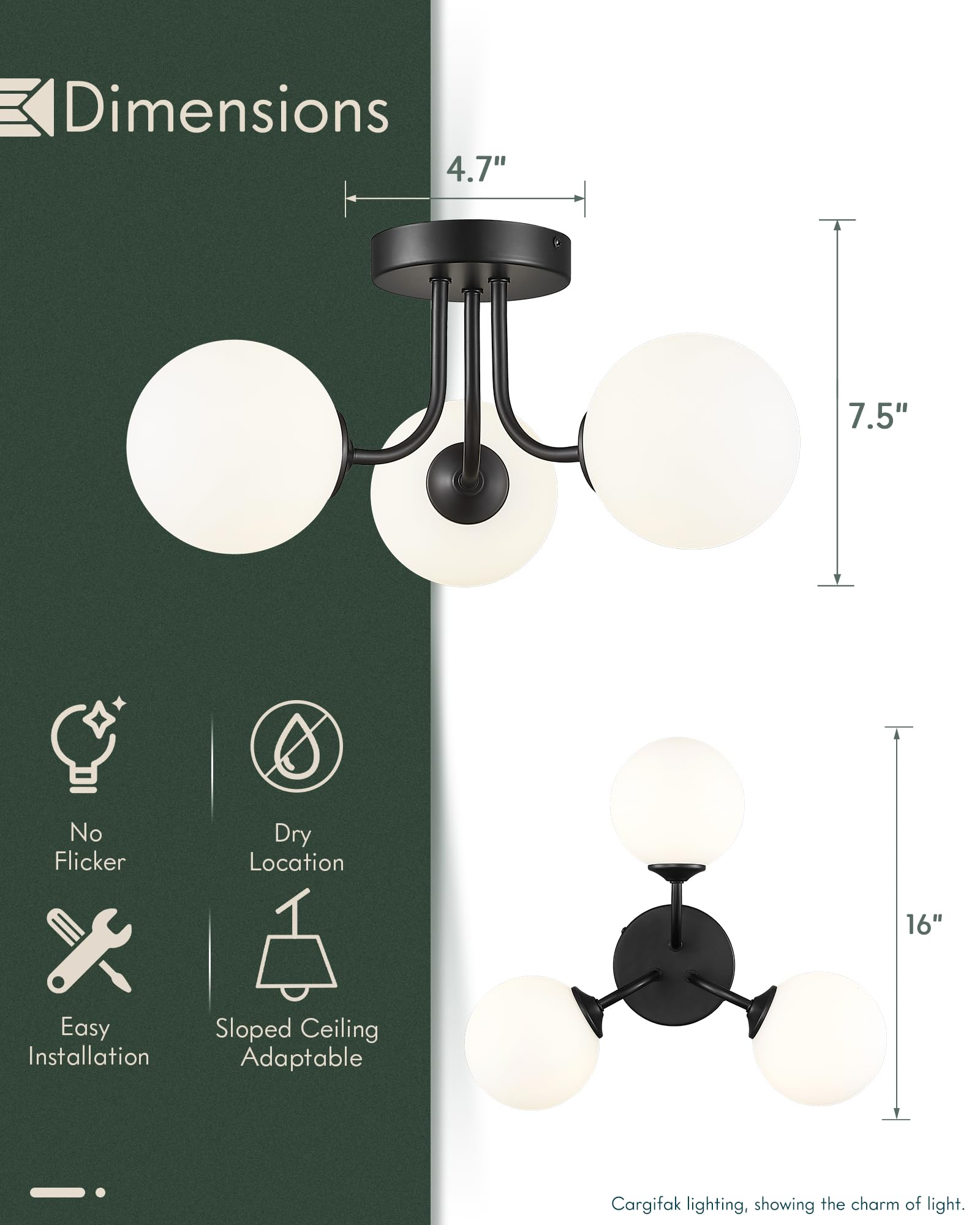 Cargifak 3-Globe Black Flush Mount Ceiling Light In A Modern Farmhouse Design Is Ideal For Living Rooms, Bedrooms, Or Dining Roo