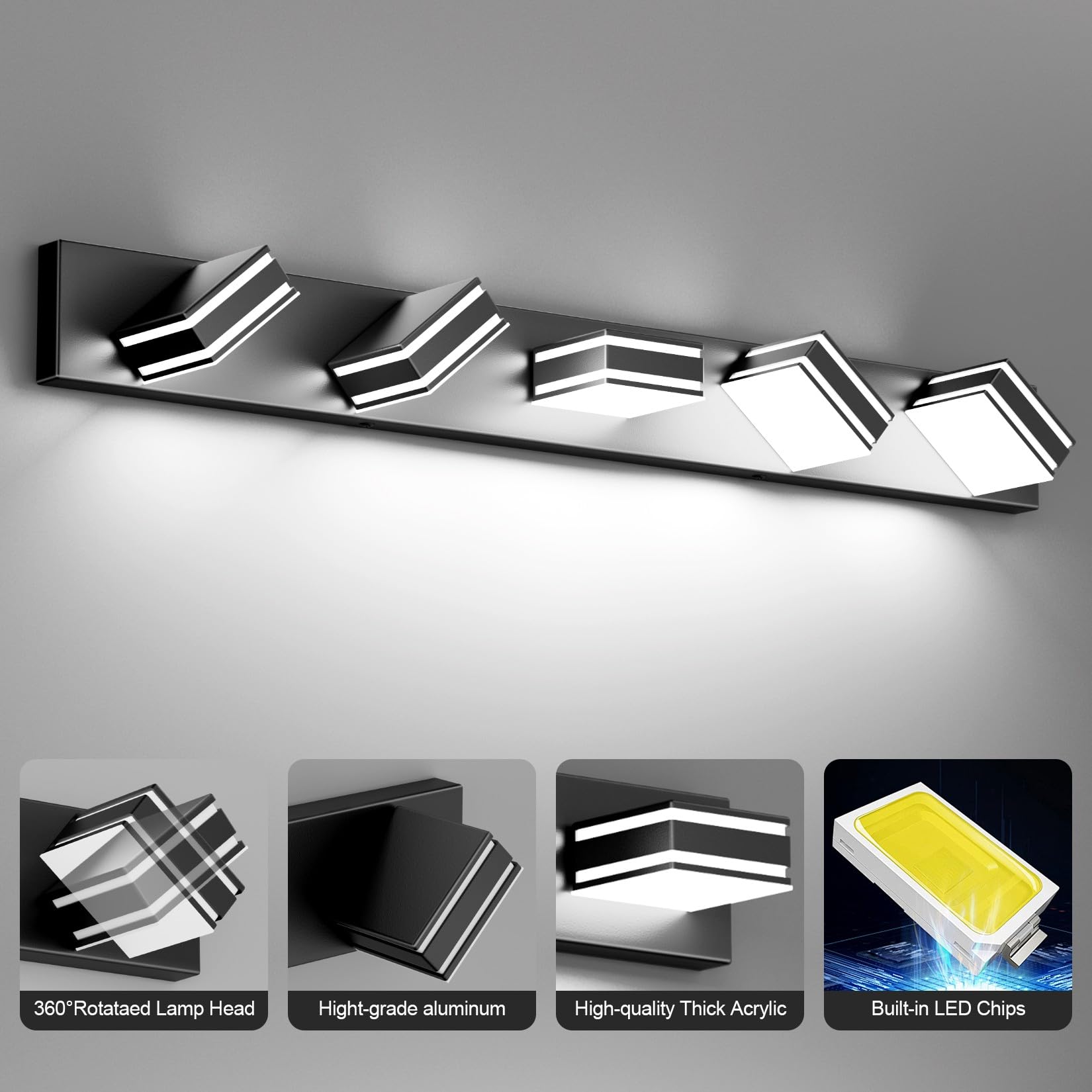 Ralbay Black Vanity Light Fixtures 40.5Inch 5-Light Acrylic Modern Led Matte Black Bathroom Wall Vanity Lighting Fixtures Over M