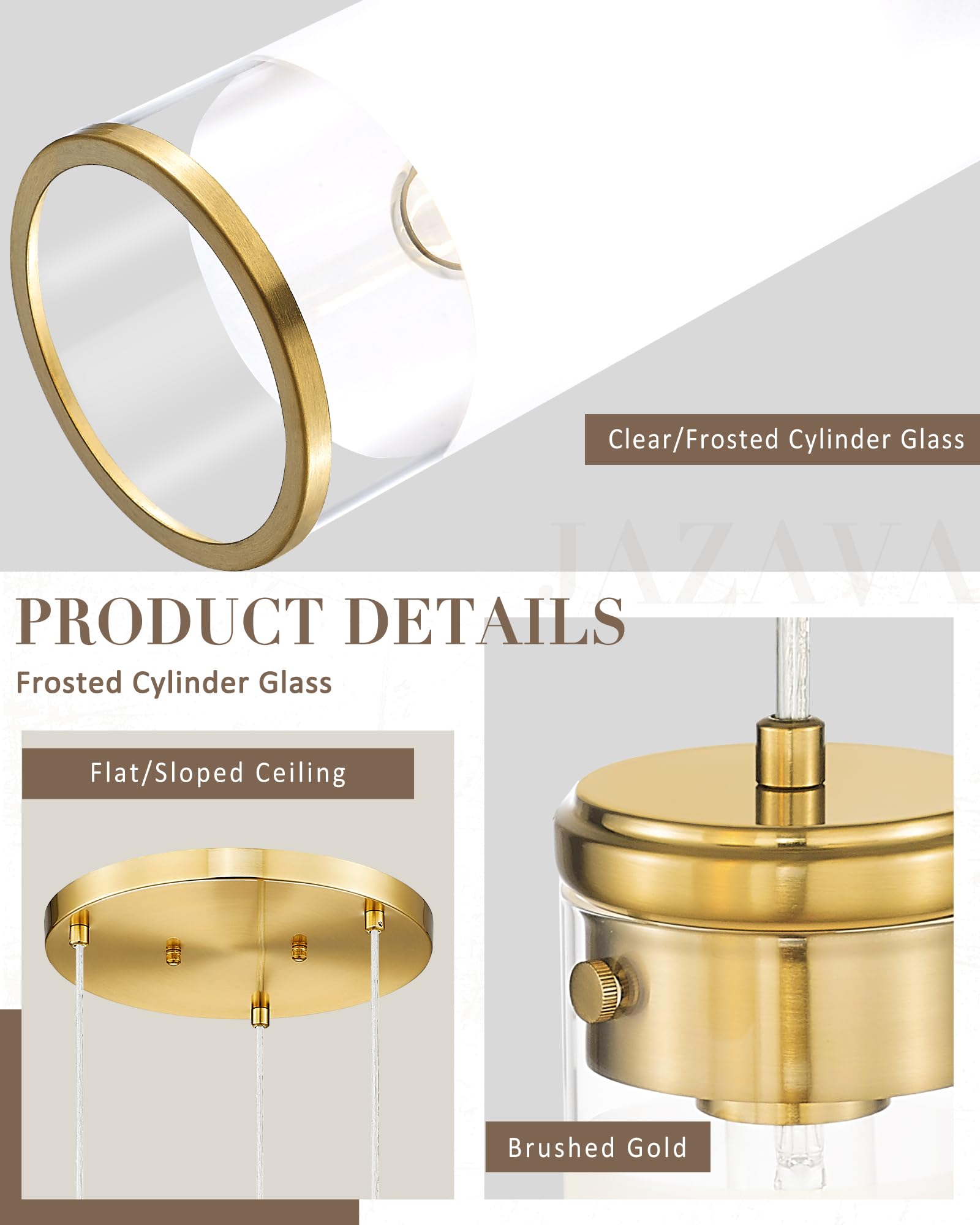 Jazava 3-Light Gold Pendant Light, Cluster Hanging Light Fixture, Modern Cylindrical Glass Kitchen Island Lighting For Dining Ro