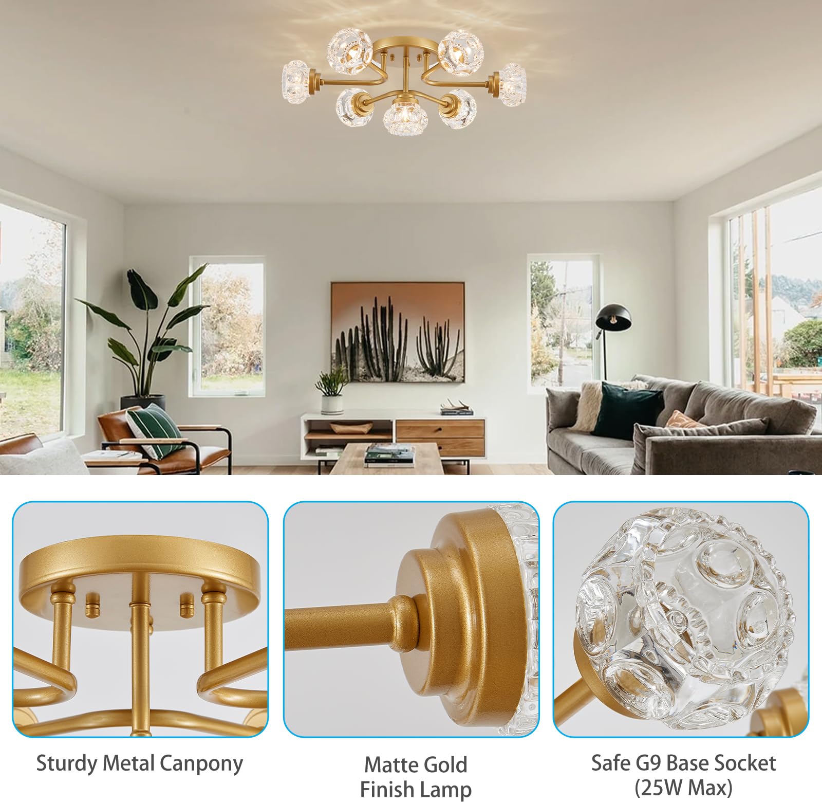 Xingqi Gold Sputnik Semi Flush Mount Ceiling Light Fixture, 7-Light Mid Century Dining Room Chandelier Farmhouse Chandelier Roun