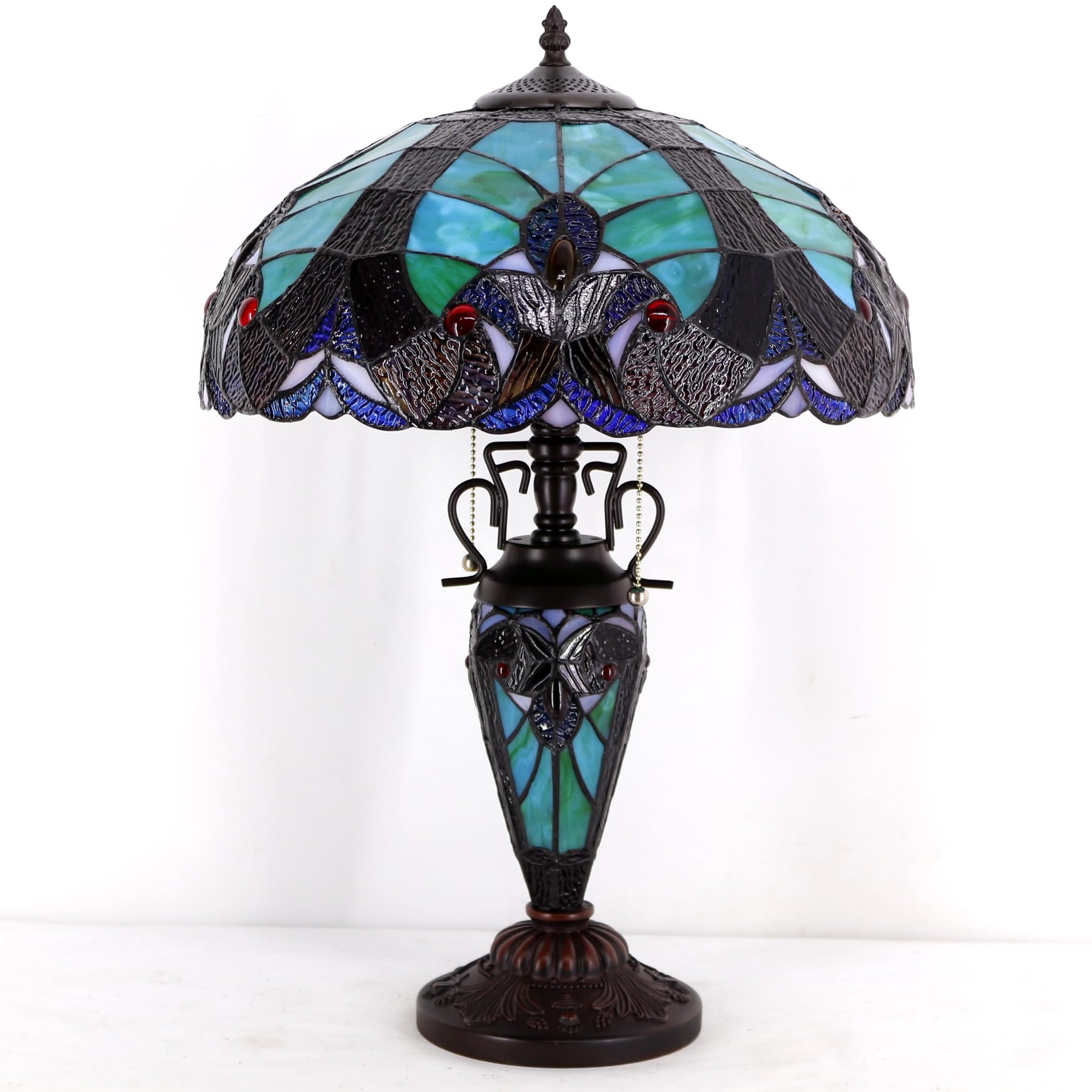 Werfactory Tiffany Style Table Lamp Green Stained Glass Liaison Mother-Daughter Vase Lamp 16X16X24 Inches Desk Reading Light Dec