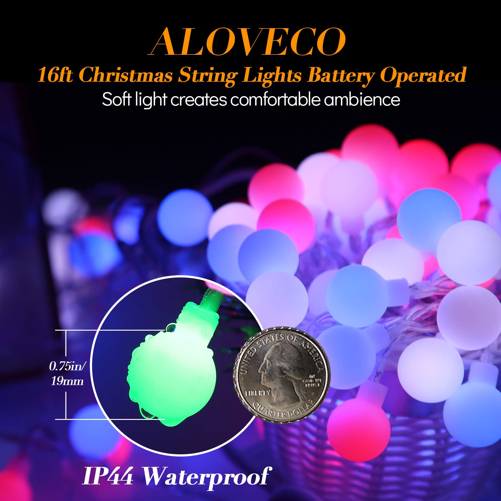 ALOVECO Outdoor String Lights, 16ft, 50 LED, Battery Operated, Color Changing, Waterproof, RGB, Model GP-SW290DC0209-IP44(US) A