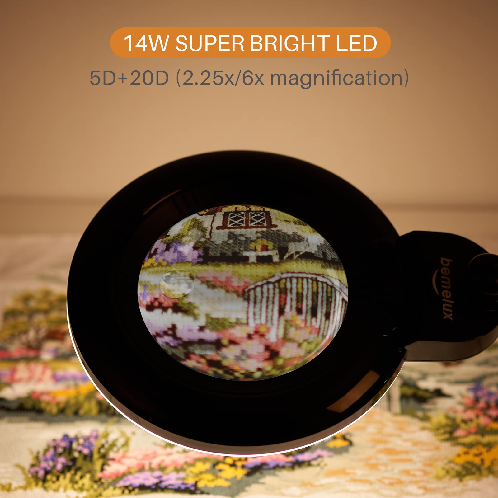 bemelux Bifocals Magnifying Desk Lamp, 5 Diopter & 20 Diopter, 6in Lens, 1200 Lumens, Black, Model BLUX9006LED
