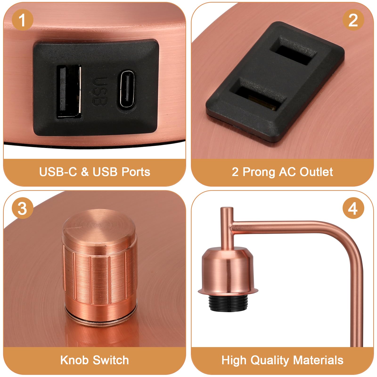 Innqoo Copper Industrial Bedside Table Lamp For Bedroom - Nightstand Lamps With Usb C Charging Port, Fully Dimmable Black Ports