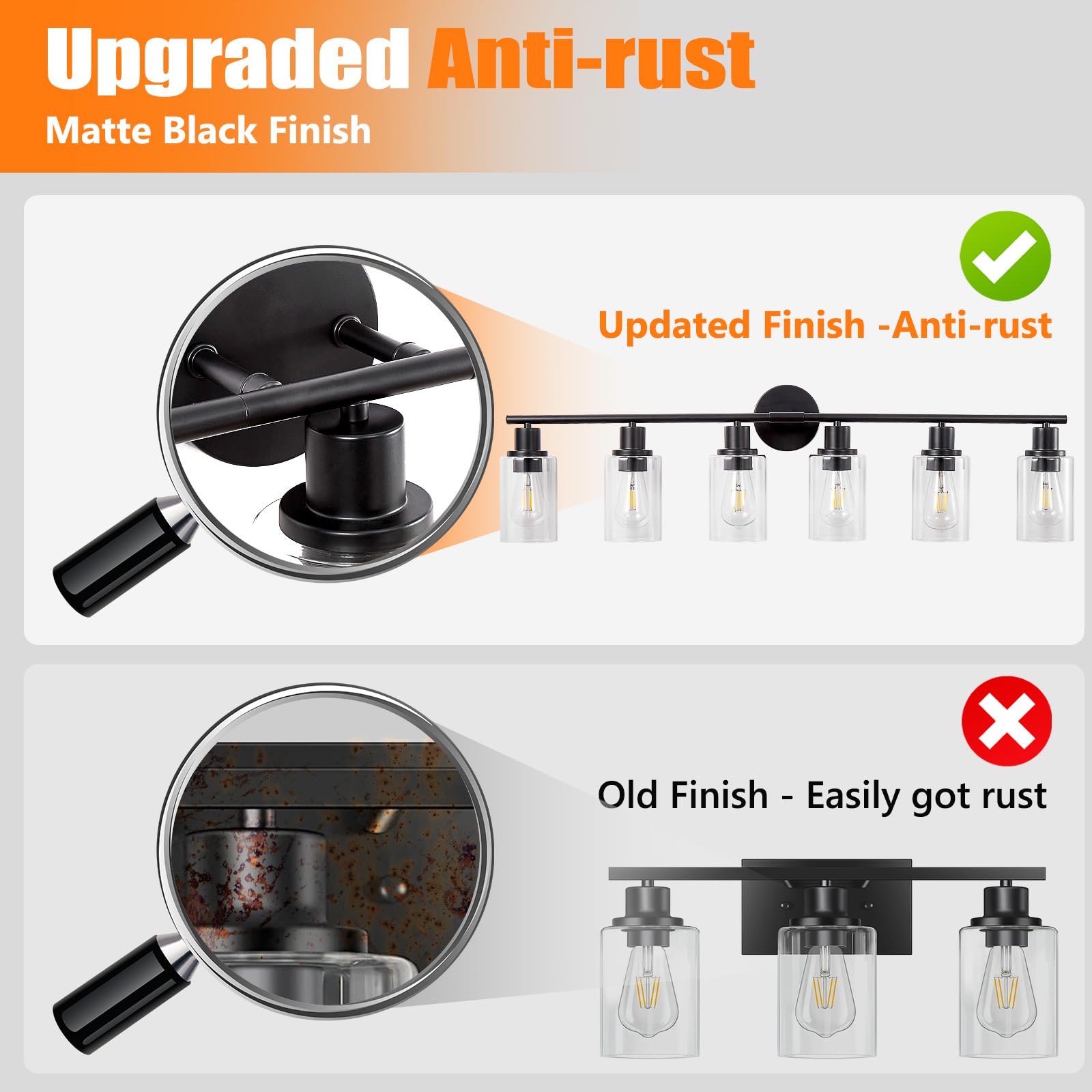 DINGLILIGHTING 6-Light Bathroom Light Fixture Black Metal with Clear Glass Shade for Mirror Kitchen Living Room Hallway