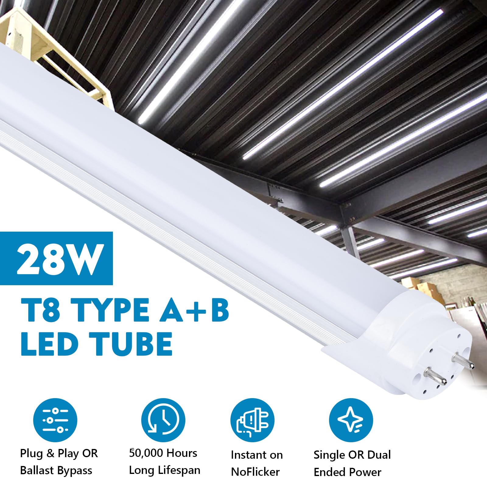 25 Pack, 4Ft Led T8 Type A+B Tube Lights, 28W(80W Equivalent), 4000Lm, 6000K, Frosted Cover, Single Or Double End Powered, Plug