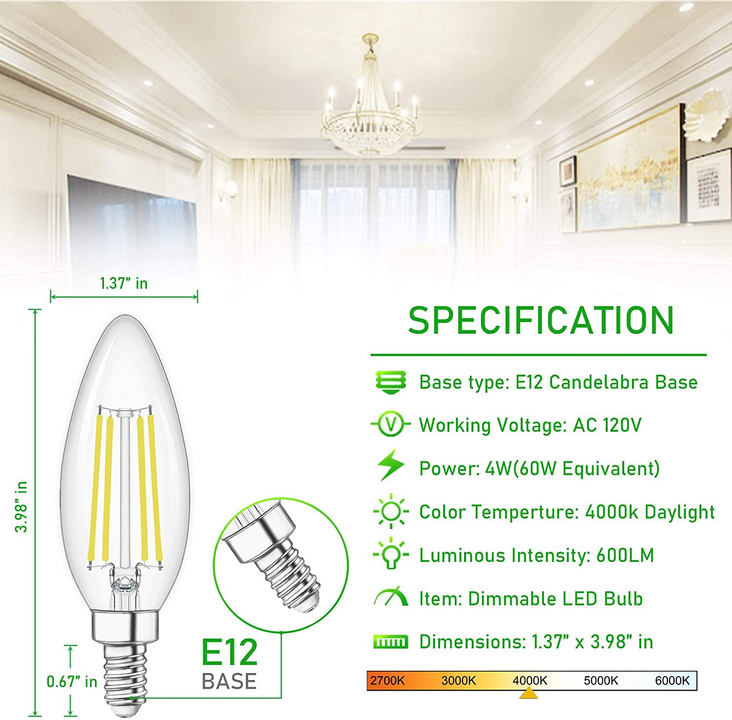 Winshine E12 Candelabra Led Bulbs Dimmable 4000K Daylight 60W Equivalent,Type B Light Bulb For Chandelier, C35 Ceiling Fan Light