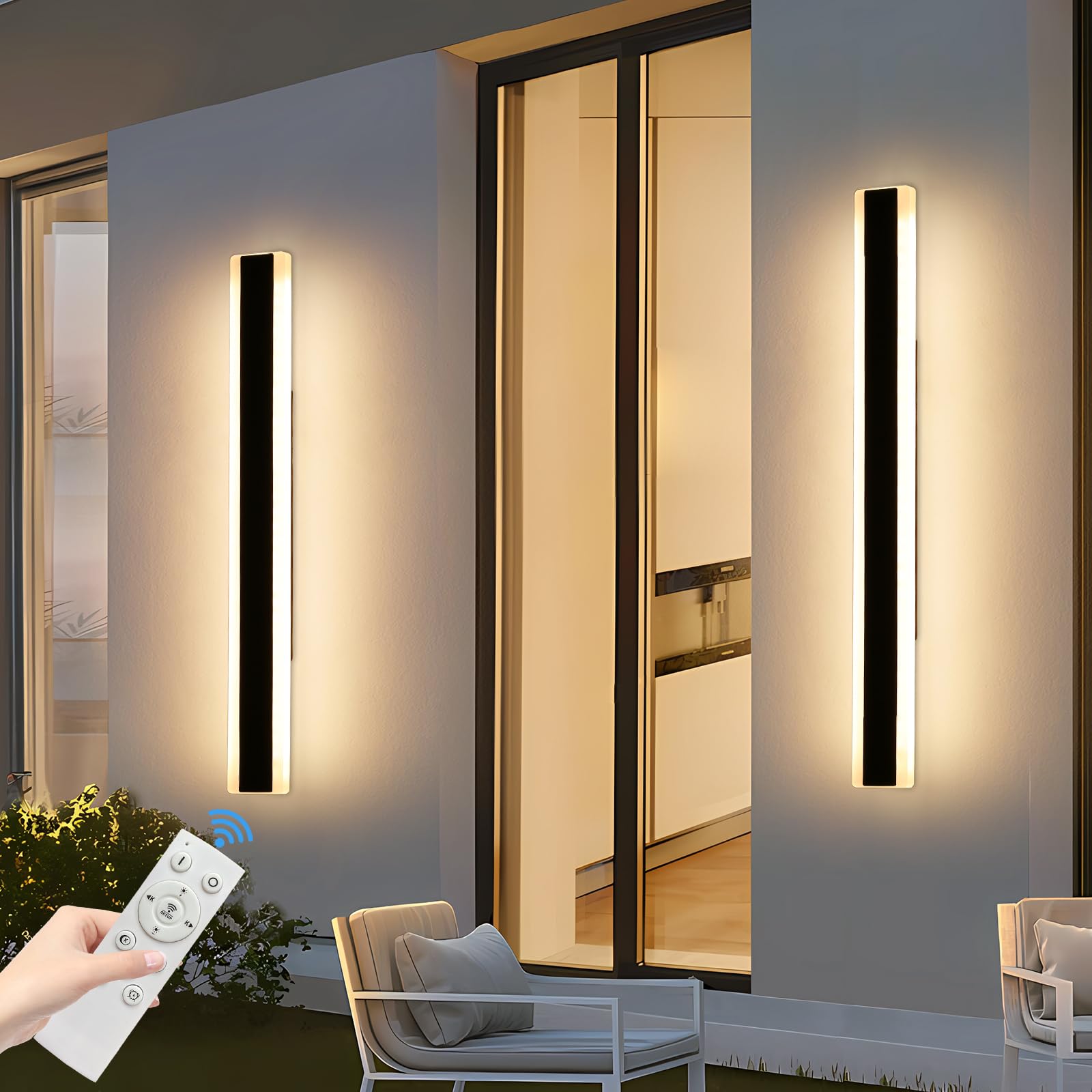 Daoseolo 2 Pack Outdoor Wall Light Fixture, 39.3Inch Black Aluminium Modern Wall Sconce, Ip65 Waterproof Dimmable 3000K-6000K With Remote Control, Wall Mount Lighting For Porch, Patio, Yard, Garage