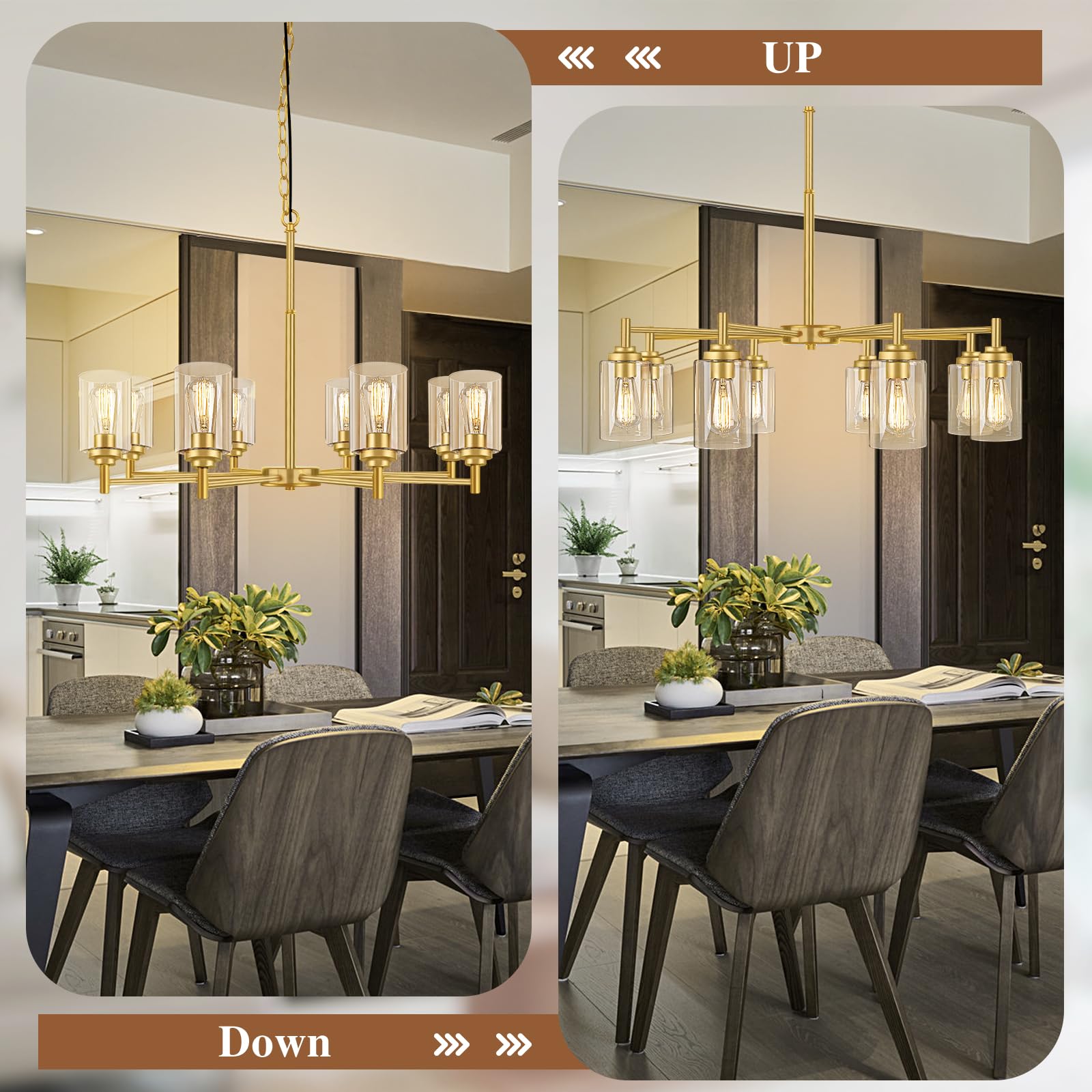8-Light Chandelier For Dining Room Kitchen Island Modern Farmhouse Pendant Lighting With Clear Glass Shades Industrial Gold Hang