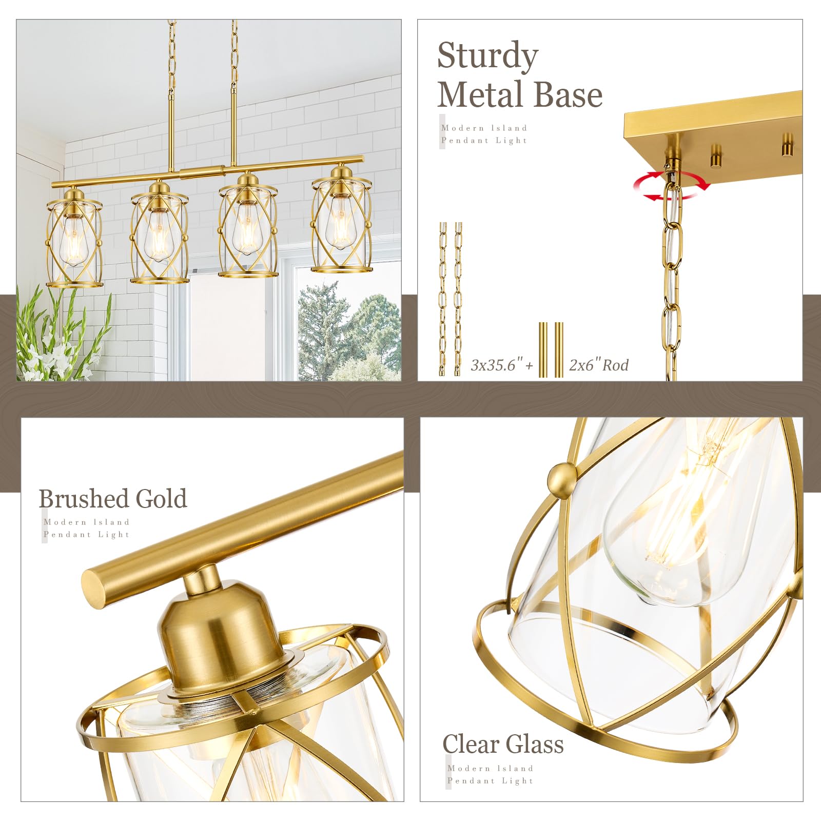 Osimir 4-Light Kitchen Island Lighting, Modern Brushed Gold Dining Room Light Fixtures With Clear Glass, Farmhouse Industrial Li